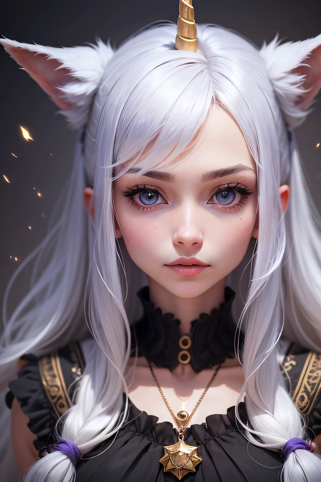 Unicorn anthropomorphic female high detail white hair purple pupils