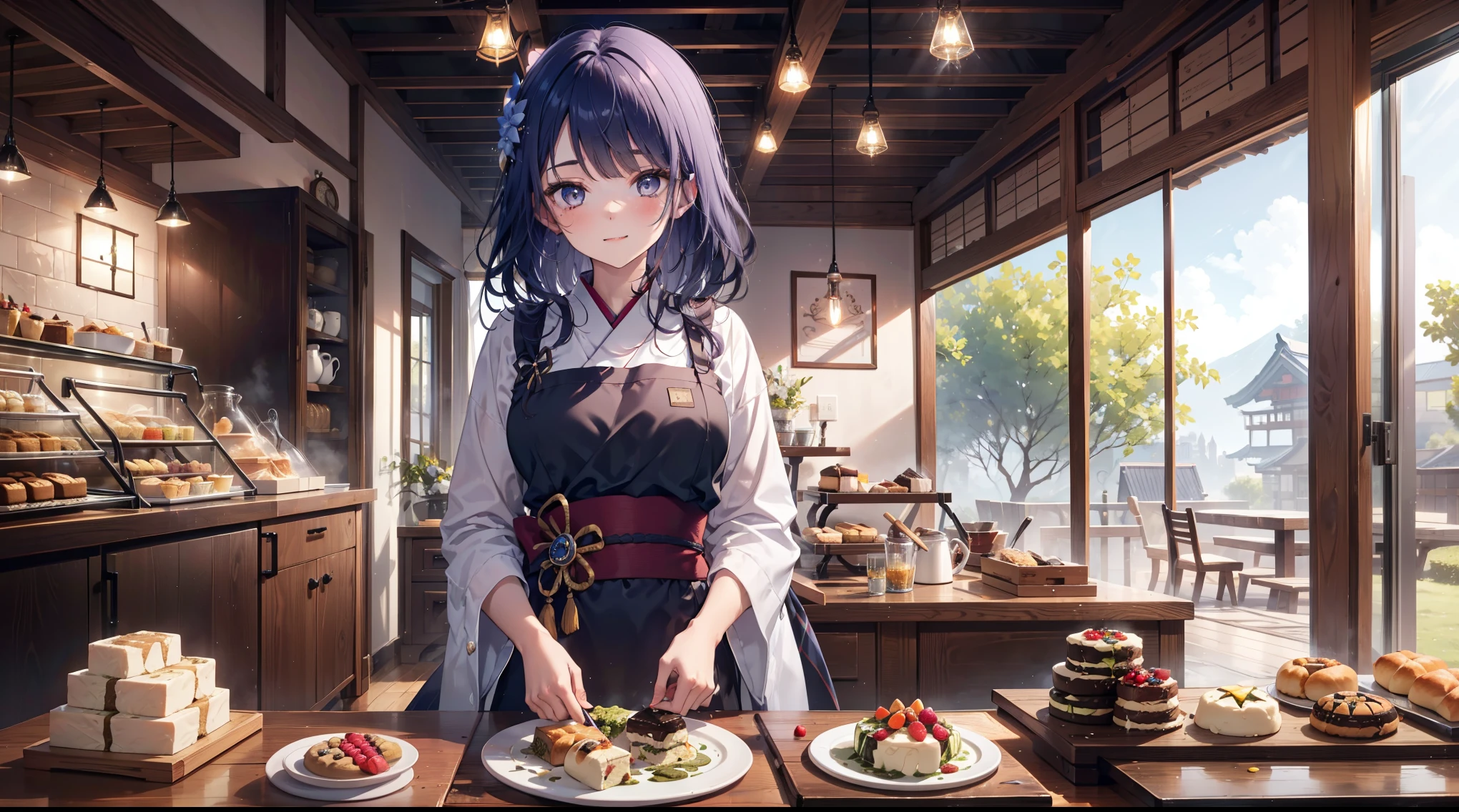 (best quality,8k,Masterpiece),young woman,sparkling eyes, happiness,wearing a bakery uniform,working in a traditional Japanese bakery,preparing traditional desserts,bakery equipment,kitchen utensils,flour on hands,basket of freshly baked pastries,japanese-style pastries,japanese wooden architecture,soft natural lighting,pastel color scheme,traditional kimono pattern on the uniform,luscious desserts,freshly brewed matcha tea,mouthwatering aromas,meticulous attention to detail.