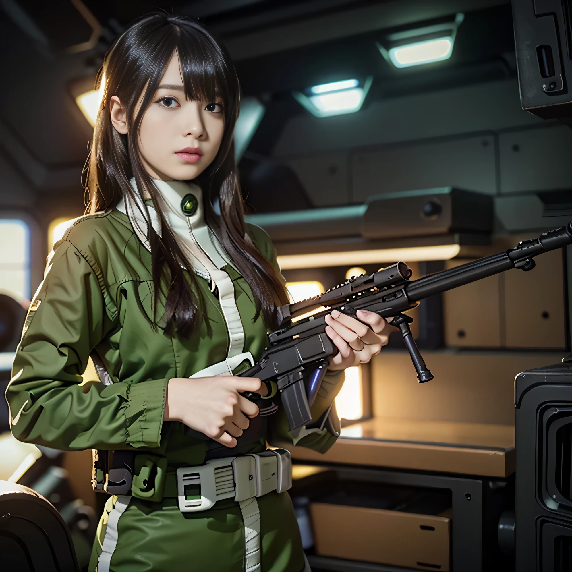 best image quality, excellent details, ultra high resolution, (realism: 1.4), best illustrations, Favor details, High concentration of 1girls, With a delicate and beautiful face, Dressed in a black and green mecha, Wearing a mechanical helmet,M24 SWS, (Holding a rifle in your hand:1.4),Figure holding a rifle, The background is a high-tech lighting scene of a futuristic city.