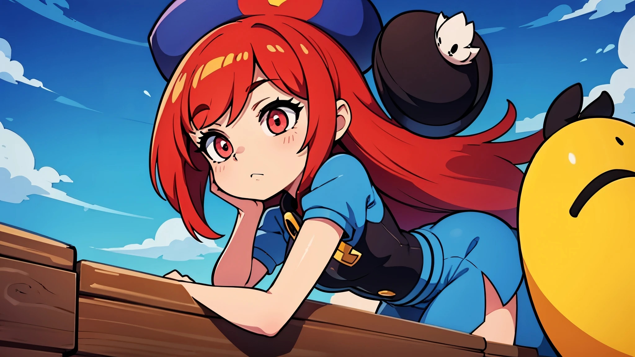 woman, worn eye patch, red hair, purple coat, brown pants, gray eye, holding a parrot, sea view, ship in the background
