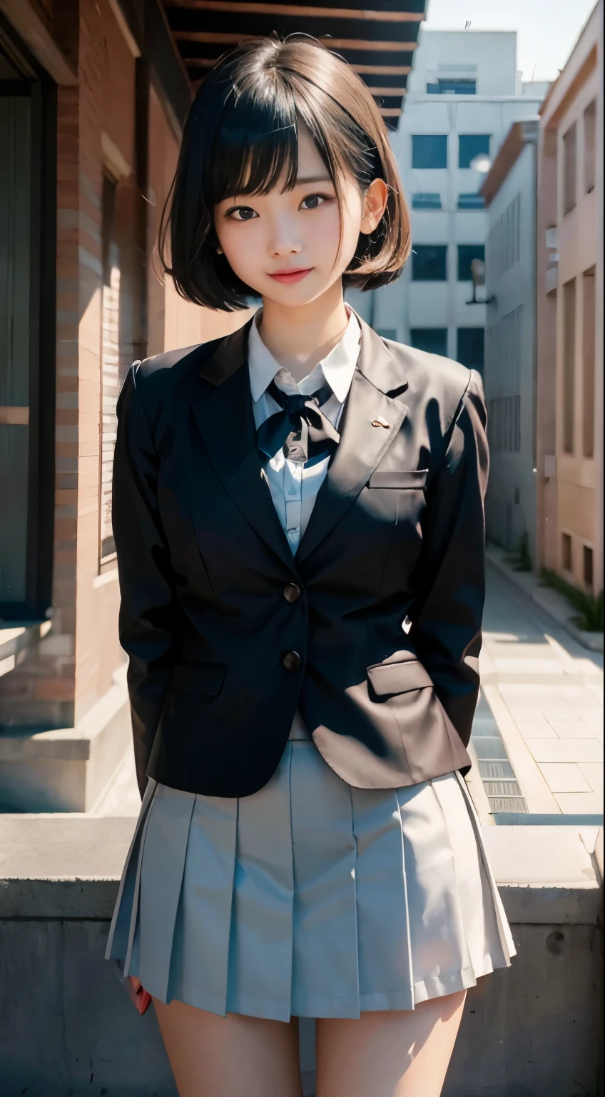 (highest quality,8K quality,masterpiece:1.3),(Super high resolution,Photoreal:1.4,Raw photo),(super detailed,caustics,detailed background),(ultra-realistic capture,Beautifully detailed skin,perfect anatomy),at dusk,sunset sky,school building,schoolyard,18-year-old,cute,single eyelid,black short bob,School Blazer Uniform,look at the camera,laughter,bust up shot,natural soft light