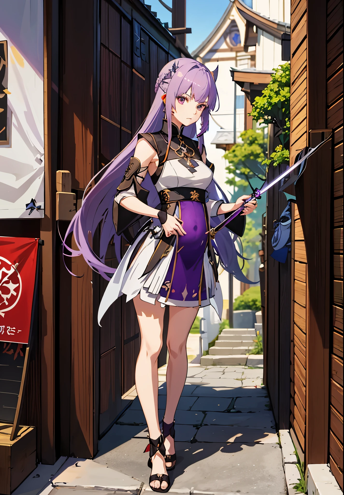 a woman in a dress holding a dagger and a dagger, video game character, from arknights, fox nobushi holding a dagger, hajime yatate, keqing from genshin impact, purple haired deity, with small sword, ayaka genshin impact, female action anime girl, official character art, anime character, pregnant anime girl, fetus