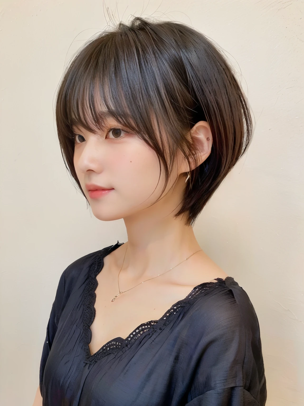 (highest quality、8K、32K、masterpiece、nffsw:1.2)、Photo of a Japanese woman in her 30s、natural look、very short bobbed hair、Upper body、necklace、shot from above、Don&#39;Don&#39;Don&#39;Don&#39;Don&#39;don&#39;t look at the audience、(realistic、Photoreal:1.37)、1 girl、Shot in natural light、Physically based rendering、excellent image quality、High resolution、1080P、(Detailed facial description)、(Detailed explanation of hands)、(Detailed CG)、Rich details、(exquisite features)、(best image quality)、(masterpiece)、(fine eyes)、delicate clavicle、Versatile poses、profile、white wall、Taken in front of the white door、(窓のあるwhite wallの部屋)、earrings、Autumn outfit、 shortcut、short hair、((black camisole))