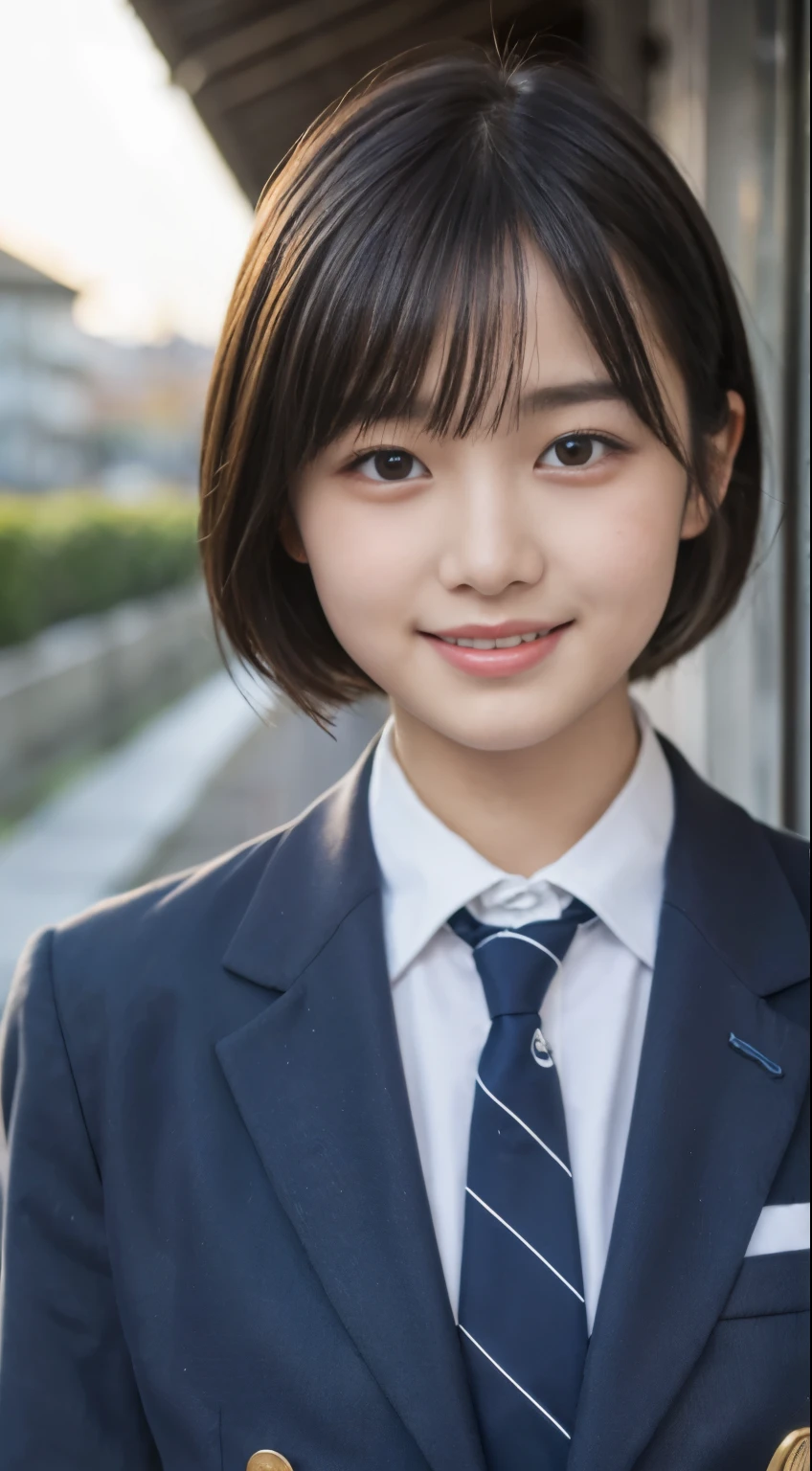 (highest quality,8K quality,masterpiece:1.3),(Super high resolution,Photoreal:1.4,Raw photo),(super detailed,caustics,detailed background),(ultra-realistic capture,Beautifully detailed skin,perfect anatomy),at dusk,sunset sky,school building,schoolyard,18-year-old,cute,single eyelid,black short bob,School Blazer Uniform,look at the camera,laughter,bust up shot,natural soft light