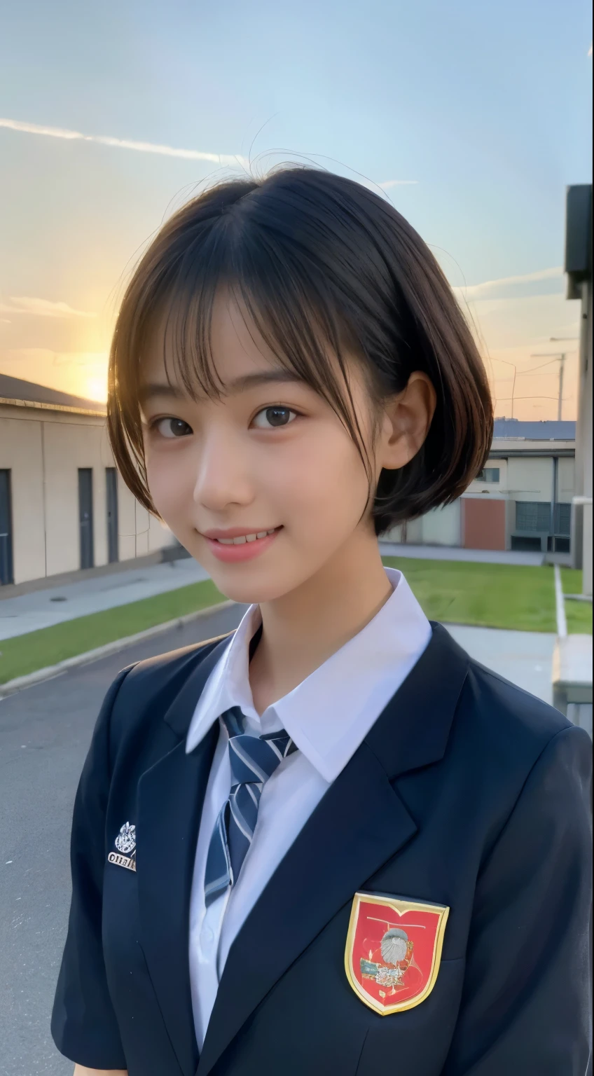 (highest quality,8K quality,masterpiece:1.3),(Super high resolution,Photoreal:1.4,Raw photo),(super detailed,caustics,detailed background),(ultra-realistic capture,Beautifully detailed skin,perfect anatomy),at dusk,sunset sky,school building,schoolyard,18-year-old,cute,single eyelid,black short bob,School Blazer Uniform,look at the camera,laughter,bust up shot,natural soft light
