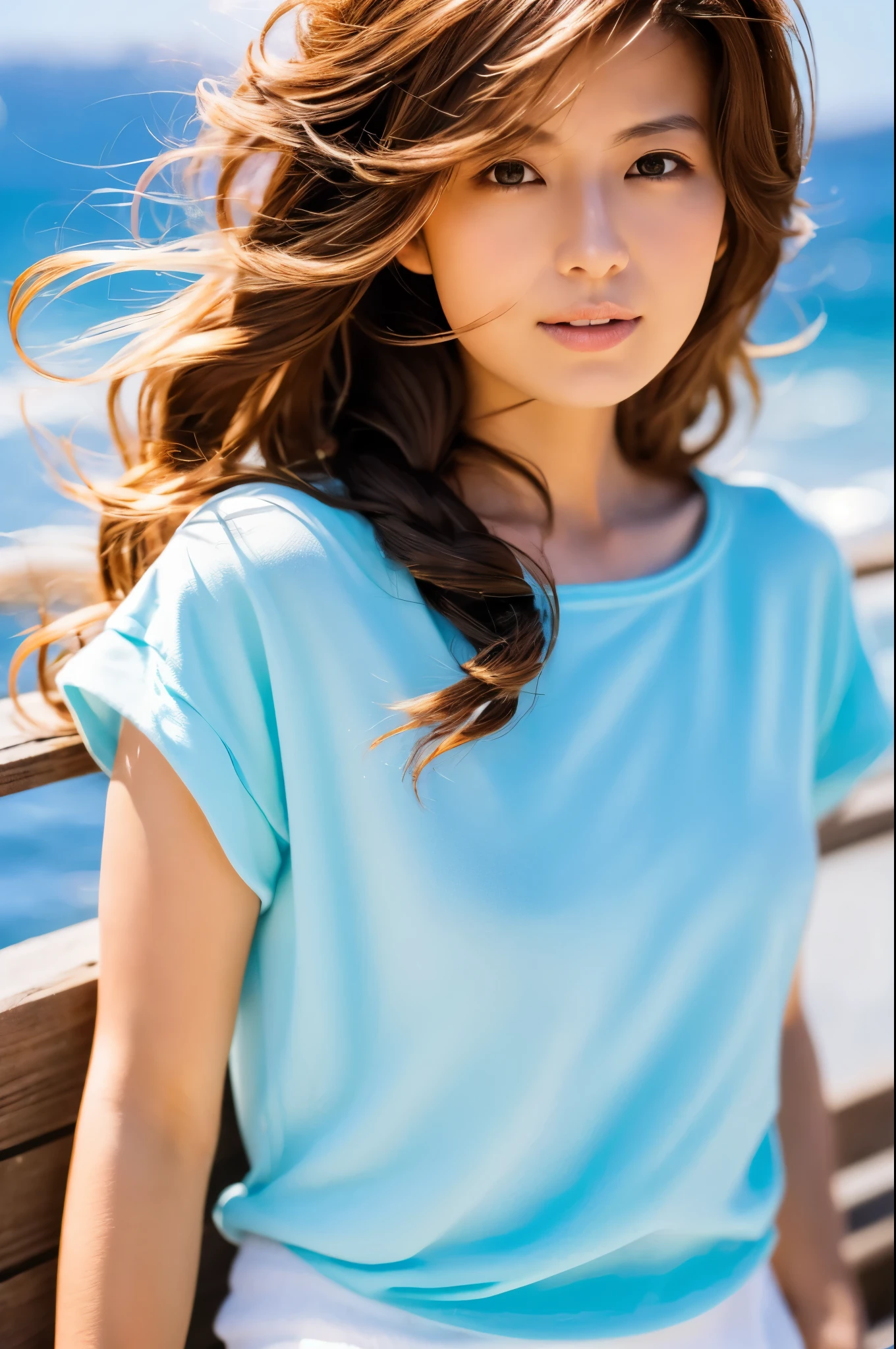 (8k, highest quality, masterpiece: 1.2), (hair_style), (realistic, photorealistic: 1.37), Skinny Japanese lady, 30 years old, plump eyes, highest quality, masterpiece, in the summer sunshine, sky and sea view, shot on wooden deck, [small breasts], backlight, shooting from the waist up, camera angle from bottom to top, pose with hair raked up with hands, shot in natural light from morning to noon, Hairstyles and fashion styles that match the Japan trends of 2023, realistic, super detailed, actress, Japanese model, elaborate CG, slender, adorable, hairstyle matches the fashion of Japan in 2023 layer cut that flutters in the wind, delicate skin type, fine details and softness, model hair color is bright and soft, Choose a short-length T-shirt that matches the summer trends of 2023 and pair it with pale pastel colors for surf fashion.