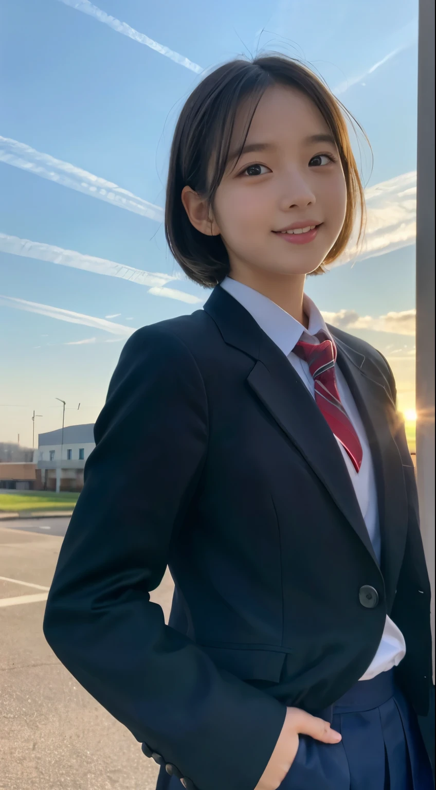(highest quality,8K quality,masterpiece:1.3),(Super high resolution,Photoreal:1.4,Raw photo),(super detailed,caustics,detailed background),(ultra-realistic capture,Beautifully detailed skin,perfect anatomy),at dusk,sunset sky,school building,schoolyard,18-year-old,cute,single eyelid,black short bob,School Blazer Uniform,look at the camera,laughter,bust up shot,natural soft light