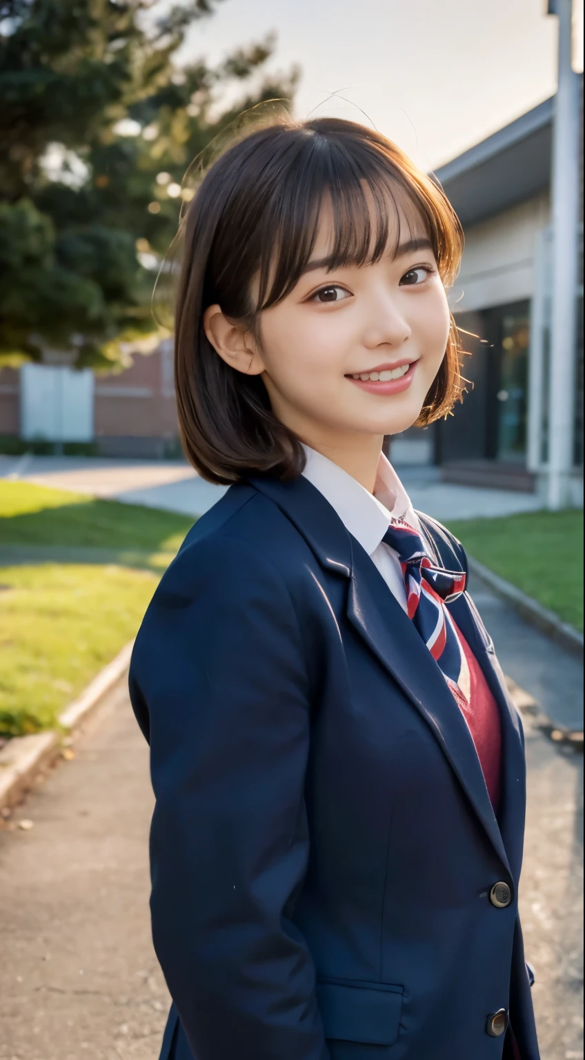 (highest quality,8K quality,masterpiece:1.3),(Super high resolution,Photoreal:1.4,Raw photo),(super detailed,caustics,detailed background),(ultra-realistic capture,Beautifully detailed skin,perfect anatomy),at dusk,sunset sky,school building,schoolyard,18-year-old,cute,single eyelid,black short bob,School Blazer Uniform,look at the camera,laughter,bust up shot,natural soft light