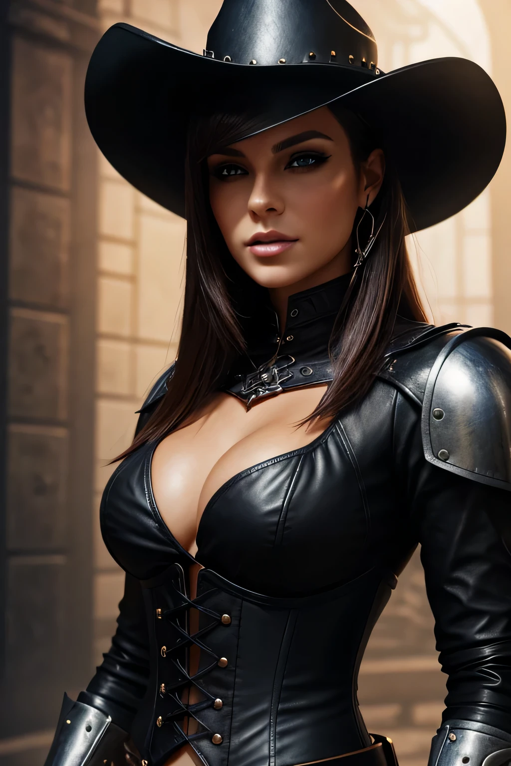 a close up of a woman wearing a cowboy hat and leather shorts, alluring mesmer woman, seductive cyberpunk dark fantasy, fantasy leather clothing, beautiful female assassin, fantasy woman, beautiful female knight, karol bak uhd, sexy girl, gorgeous woman, of a beautiful female knight, beautiful sorceress, in a leather corset, fantasy style clothing photorealistic eyes photorealistic mouth photorealistic face photorealistic nose brown hair