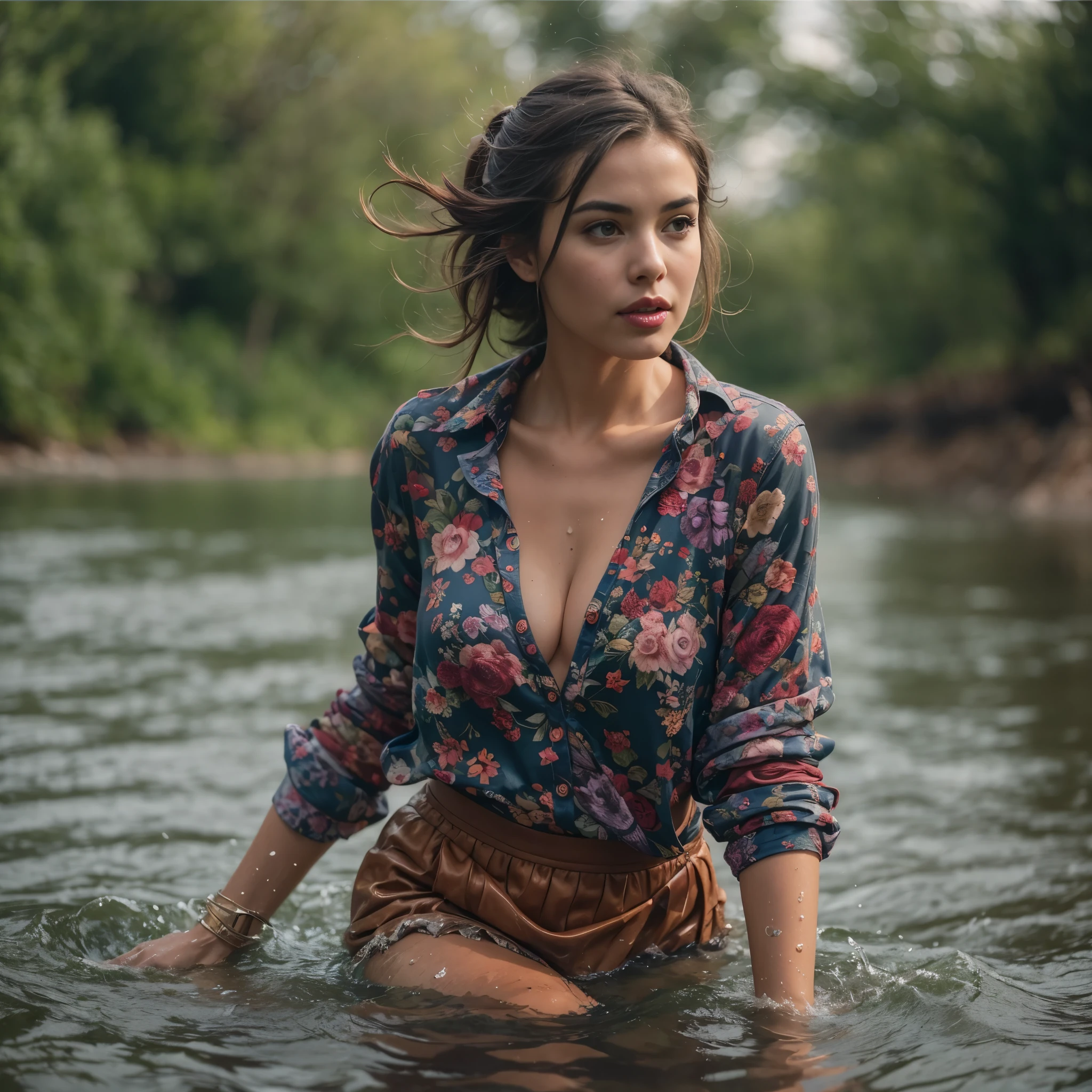 Woman swimming in the river, flirting with the camera, fully clothed, long sleeved shirt, skirt , masterpiece, best quality