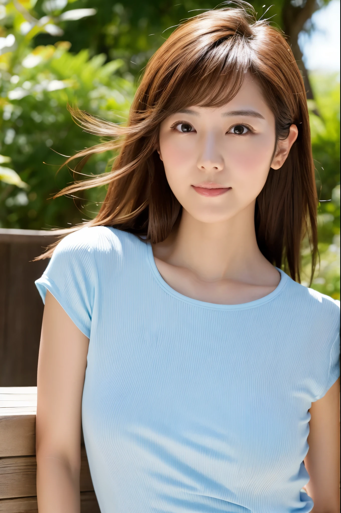 (8k, highest quality, masterpiece: 1.2), (hair_style), (realistic, photorealistic: 1.37), Skinny Japanese lady, 30 years old, plump eyes, highest quality, masterpiece, in the summer sunshine, sky and sea view, shot on wooden deck, [small breasts], backlight, shooting from the waist up, camera angle from bottom to top, pose with hair raked up with hands, shot in natural light from morning to noon, Hairstyles and fashion styles that match the Japan trends of 2023, realistic, super detailed, actress, Japanese model, elaborate CG, slender, adorable, hairstyle matches the fashion of Japan in 2023 layer cut that flutters in the wind, delicate skin type, fine details and softness, model hair color is bright and soft, Choose a short-length T-shirt that matches the summer trends of 2023 and pair it with pale pastel colors for surf fashion.