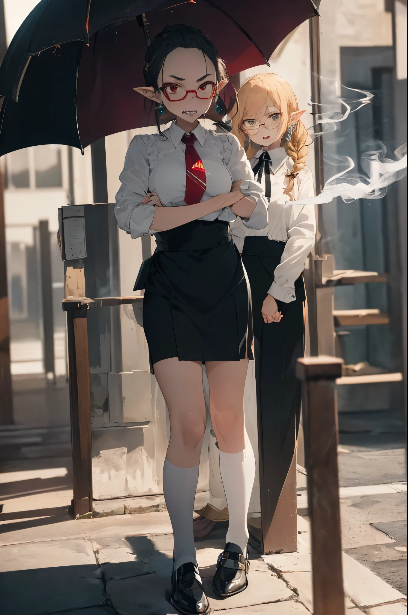 (masterpiece, absurdres, best quality:1.2), solo, 1girl, portrait, precise, (full body:1.35), finely detail, depth of field, shine, highres, original, perfect lighting, cute face, detailed face, proportional hands, correct hands and arms, colorful, anime style, manga style, manhwa style, centered, (wearing the butler uniform:1.5), (a calm pose, a discontented face, angry face, a smoking body:1.5), (holding sun umbrella, white shirt, red tie), (black long braided hair, haircut, ring earrings, red lipstick), vampire mistress, (pointy ears, pointy teeth, Sharp fangs, vampire teeth:1.35), blunt bangs, (breasts), (glasses, sunglasses, round tinted glasses)