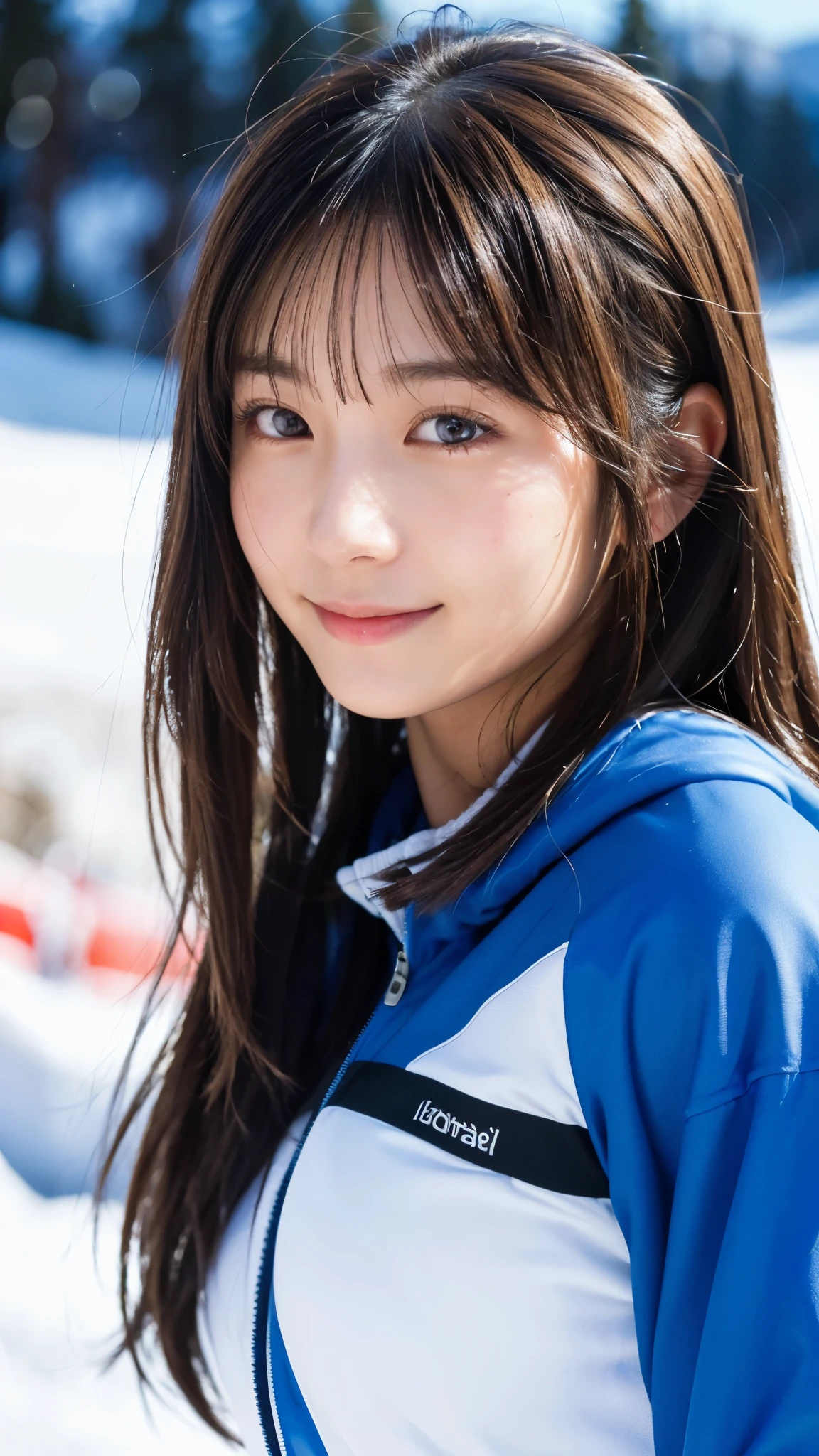 (highest quality,masterpiece:1.3,ultra high resolution),(Super detailed,caustics,16k),(photorealistic:1.4,RAW shooting),ultra-realistic capture,close-up of human skin,natural skin texture,Pores are detailed enough to be easily identified,Healthy skin and even tone,Use natural light and color,18-year-old,Japanese,cute,ski wear,black long hair,Smiling and looking at the camera,big breasts,shot from the waist up,(face focus:1.2),(Face close-up:1.2),(low position:1.3),(Low - Angle:1.3),(Ski resort),sun,blue sky,