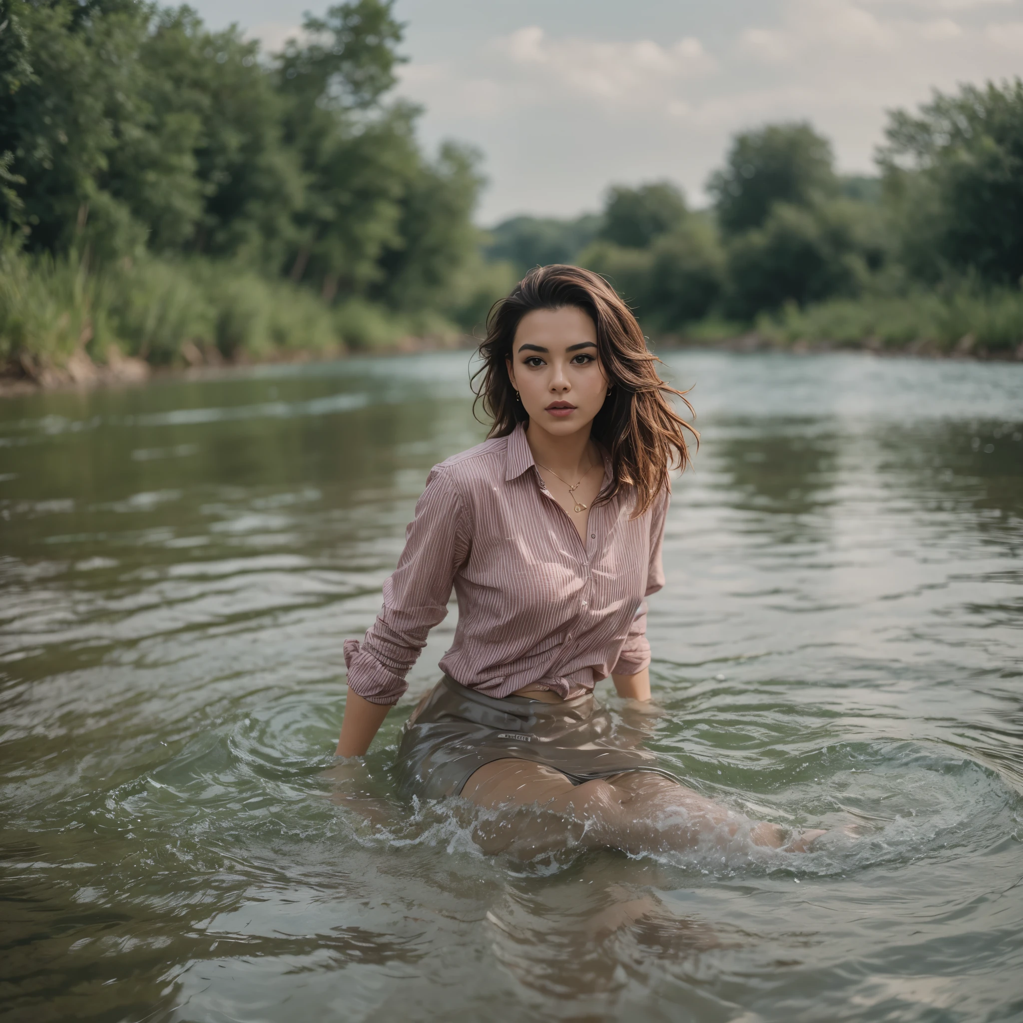 Woman swimming in the river, flirting with the camera, fully clothed, long sleeved shirt, skirt , masterpiece, best quality