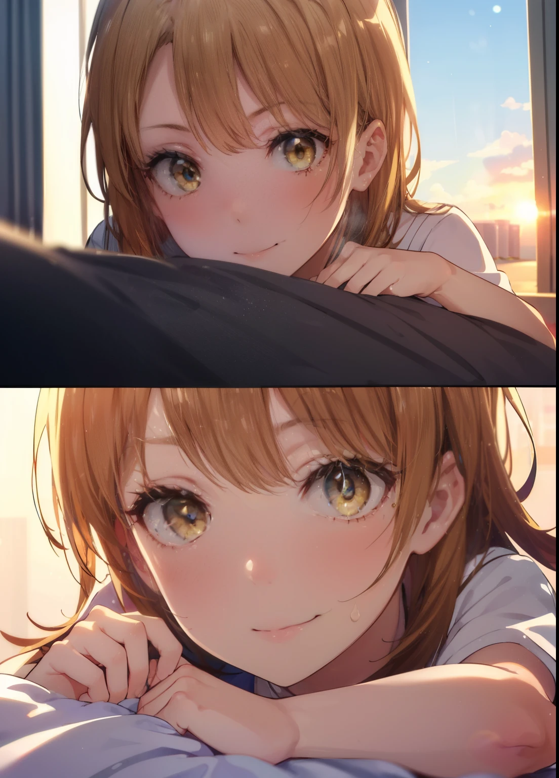 irohaisshiki, Isshiki Iroha, long hair, brown hair, (brown eyes:1.5), smile,A girl sleeping with her eyes closed,sleep,white t-shirt,black underwear,barefoot,smile,Bedroom,light goes out, Covered with a blanket, windows,Romantic Sunrise,極度の光
break indoors, Bedroom
break looking at viewer,
break (masterpiece:1.2), highest quality, High resolution, unity 8k wallpaper, (shape:0.8), (beautiful and detailed eyes:1.6), highly detailed face, perfect lighting, Very detailed CG, (perfect hands, perfect anatomy),