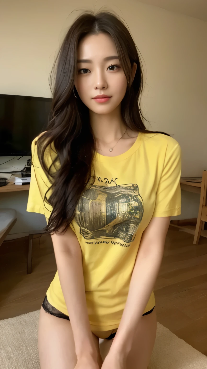((top-quality、8k、masterpiece:1.3))、Beautiful woman with perfect body:1.4、slim abdomen:1.2、Longhair, normal breast, Highly detailed facial and skin texture, A detailed eye, delicate eyes, double eyelid, (smile), (full body shot), ((computer room)), (sitting on chair), (((wearing yellow casual t-shirt))), looking in front