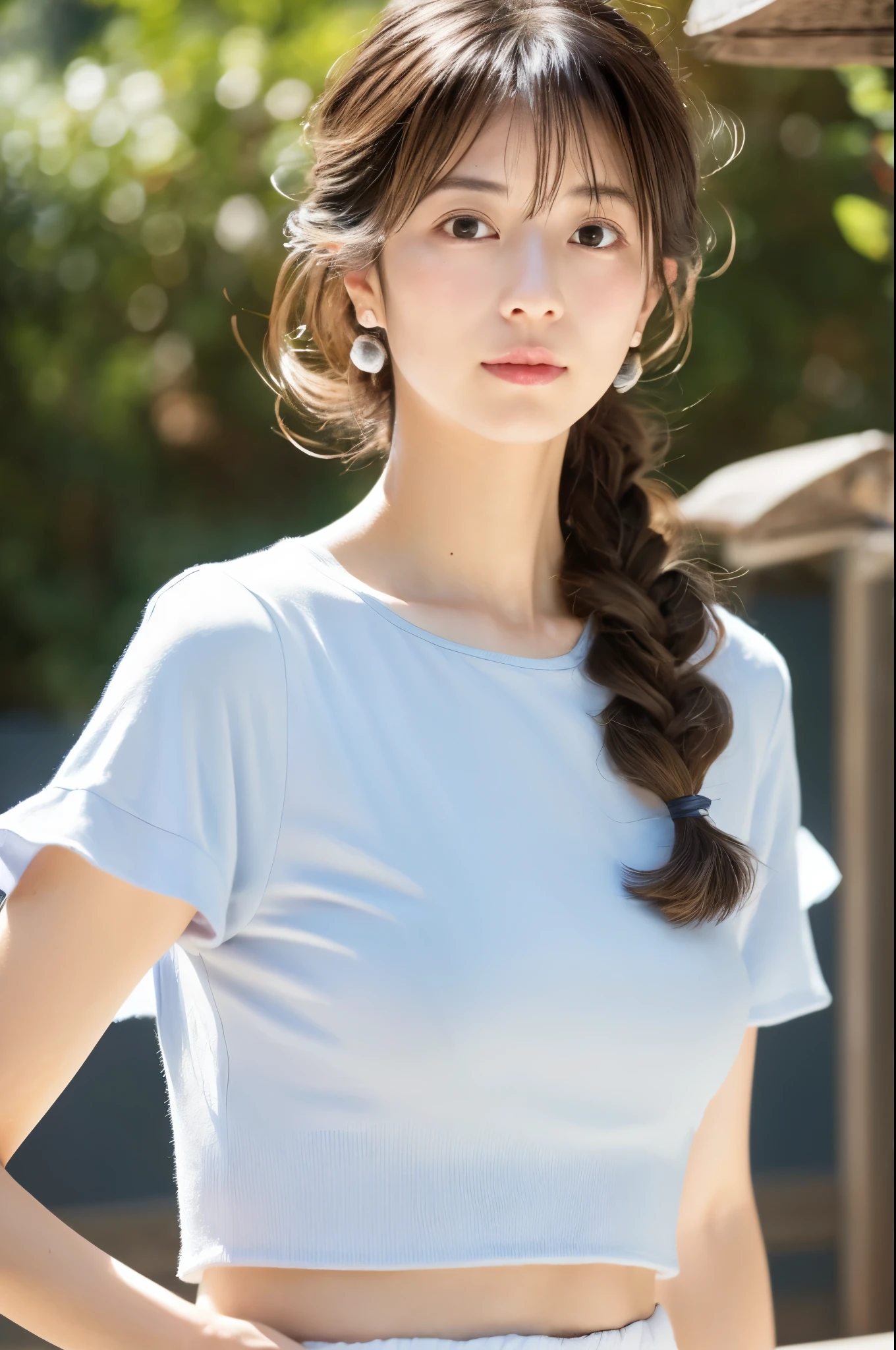 (8k, highest quality, masterpiece: 1.2), (hair_style), (realistic, photorealistic: 1.37), Skinny Japanese lady, 30 years old, plump eyes, highest quality, masterpiece, in the summer sunshine, sky and sea view, shot on wooden deck, [small breasts], backlight, shooting from the waist up, camera angle from bottom to top, pose with hair raked up with hands, shot in natural light from morning to noon, Hairstyles and fashion styles that match the Japan trends of 2023, realistic, super detailed, actress, Japanese model, elaborate CG, slender, adorable, hairstyle matches the fashion of Japan in 2023 layer cut that flutters in the wind, delicate skin type, fine details and softness, model hair color is bright and soft, Choose a short-length T-shirt that matches the summer trends of 2023 and pair it with pale pastel colors for surf fashion.