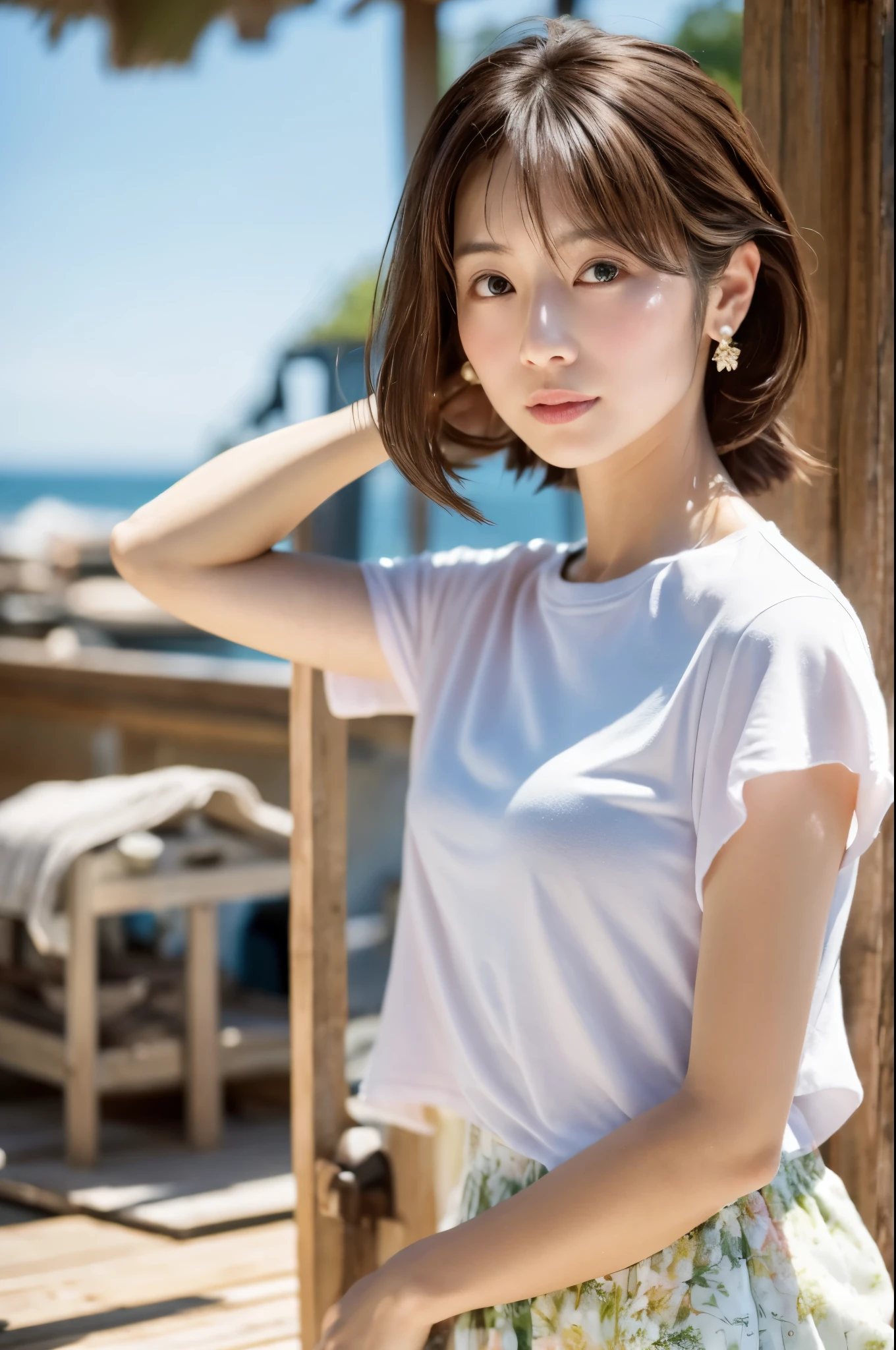 (8k, highest quality, masterpiece: 1.2), (hair_style), (realistic, photorealistic: 1.37), Skinny Japanese lady, 30 years old, plump eyes, highest quality, masterpiece, in the summer sunshine, sky and sea view, shot on wooden deck, [small breasts], backlight, shooting from the waist up, camera angle from bottom to top, pose with hair raked up with hands, shot in natural light from morning to noon, Hairstyles and fashion styles that match the Japan trends of 2023, realistic, super detailed, actress, Japanese model, elaborate CG, slender, adorable, hairstyle matches the fashion of Japan in 2023 layer cut that flutters in the wind, delicate skin type, fine details and softness, model hair color is bright and soft, Choose a short-length T-shirt that matches the summer trends of 2023 and pair it with pale pastel colors for surf fashion.