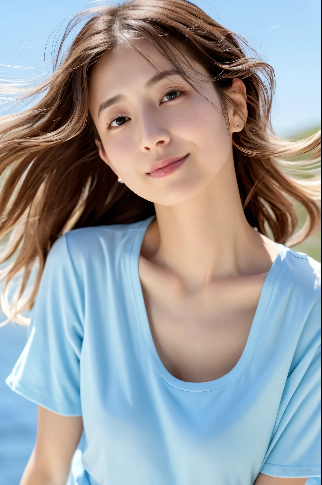(8k, highest quality, masterpiece: 1.2), (hair_style), (realistic, photorealistic: 1.37), Skinny Japanese lady, 30 years old, plump eyes, highest quality, masterpiece, in the summer sunshine, sky and sea view, shot on wooden deck, [small breasts], backlight, shooting from the waist up, camera angle from bottom to top, pose with hair raked up with hands, shot in natural light from morning to noon, Hairstyles and fashion styles that match the Japan trends of 2023, realistic, super detailed, actress, Japanese model, elaborate CG, slender, adorable, hairstyle matches the fashion of Japan in 2023 layer cut that flutters in the wind, delicate skin type, fine details and softness, model hair color is bright and soft, Choose a short-length T-shirt that matches the summer trends of 2023 and pair it with pale pastel colors for surf fashion.
