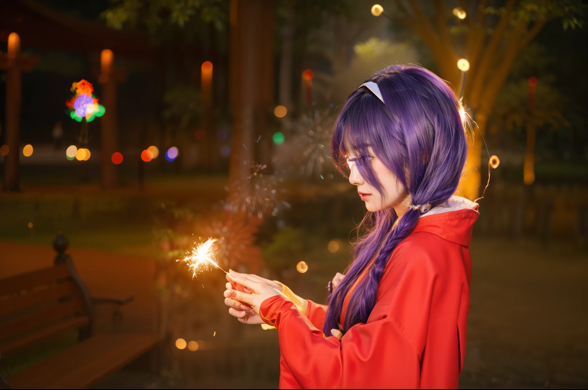 ((Asian girl)), her standing in the park:1.2, there is a woman in a red kimono holding a sparkler, kitsune holding torch, anime girl cosplay, anime cosplay, casting fire spell, fox nobushi, cosplay photo, fire mage, firework, female mage conjuring a spell, fireworks, cosplay, the sorceress casting a fireball, casting a fire spell, fire spell, professional cosplay, 4K, realistic texture, photorealistic:1.6, photo raw:1.66, high-quality, ultra quality:2, super realistic:2, ((real hair:1.633)), ((perfect face)),  REAL SKIN:1.62, (purple hair:1.163)
