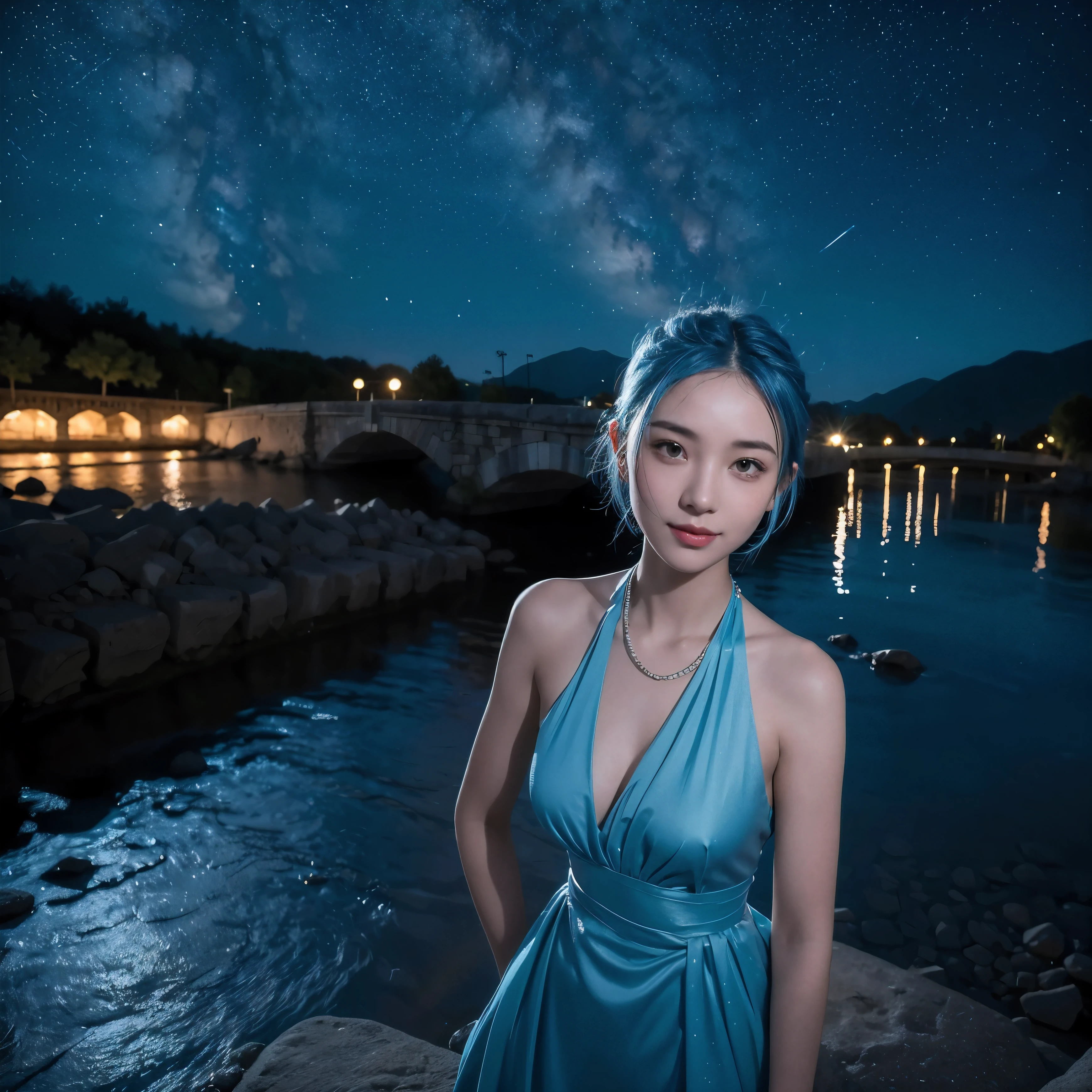 beautiful girl，Short blue hair on forehead，long blue braids，Super Recovery，standing on a stone bridge，early morning，It&#39;s getting dark，There are stars in the sky，The background has slight perspective changes，4K resolution，super clear，Shy，Put your hands behind your back，camera face，Perfect body，bust，Smile，People are getting closer to the screen，blush，