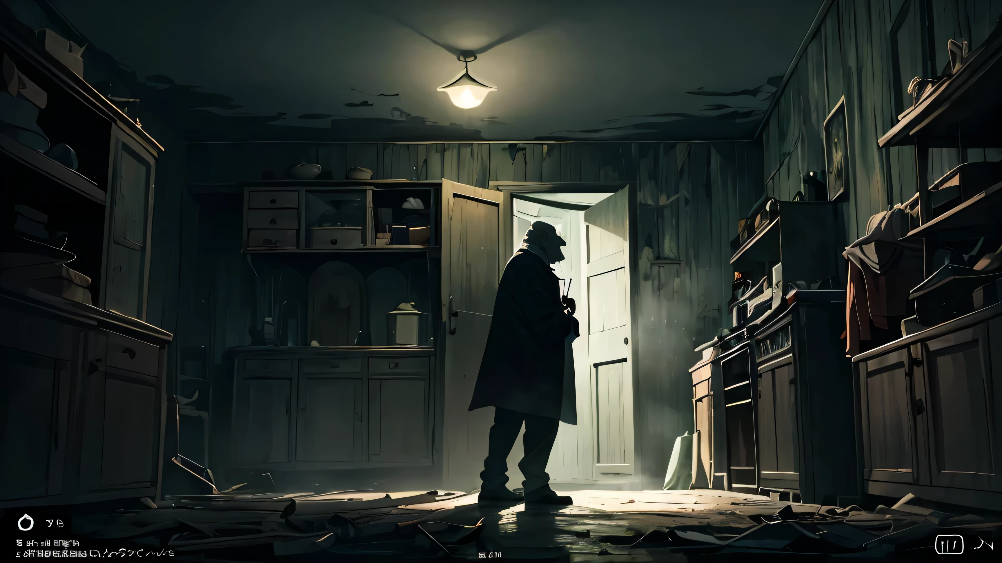 ((Anime-style drawings representing (((two old men))), one conversing with his friend while both standing face-to-face on a (horror-themed car) parked under an overcast sky dotted with eerie (fog), surrounded by a (terrifyingly dark atmosphere) evocative of classic horror visuals from the perspective of the front)), A conceptual (((screenshot))) representing a dimly lit room with a (((bookcase))) and a distinctive green door, evoking themes of motion and interactivity, likely drawn from a digital (PC) action-adventure game or 3D modeling project; (anime style, a old man talking with the friend on the car,horror vibe, night, overcast, fog, horror theme, terrifying, horror lighting, front angle, face to face, style of P.A. Works, from front angle), (no sunlight:1.2), (view from inside the room), 2nd Floor, wooden wall, at night, (green door), ((2 old man)), wooden house, abandoned house, open door, airtight room, there are no windows, highres, masterpiece, best quality, sharpen, sharp, dirty room, hiding and peeking through the gaps in the cupboard, full-body, hiding in the crack of a large cupboard, horror, night atmosphere, abandoned room, the room is tightly closed, the room was pitch black, (dark environment), night, Ruinedarch, Ruinedarchi, (dark environment), night