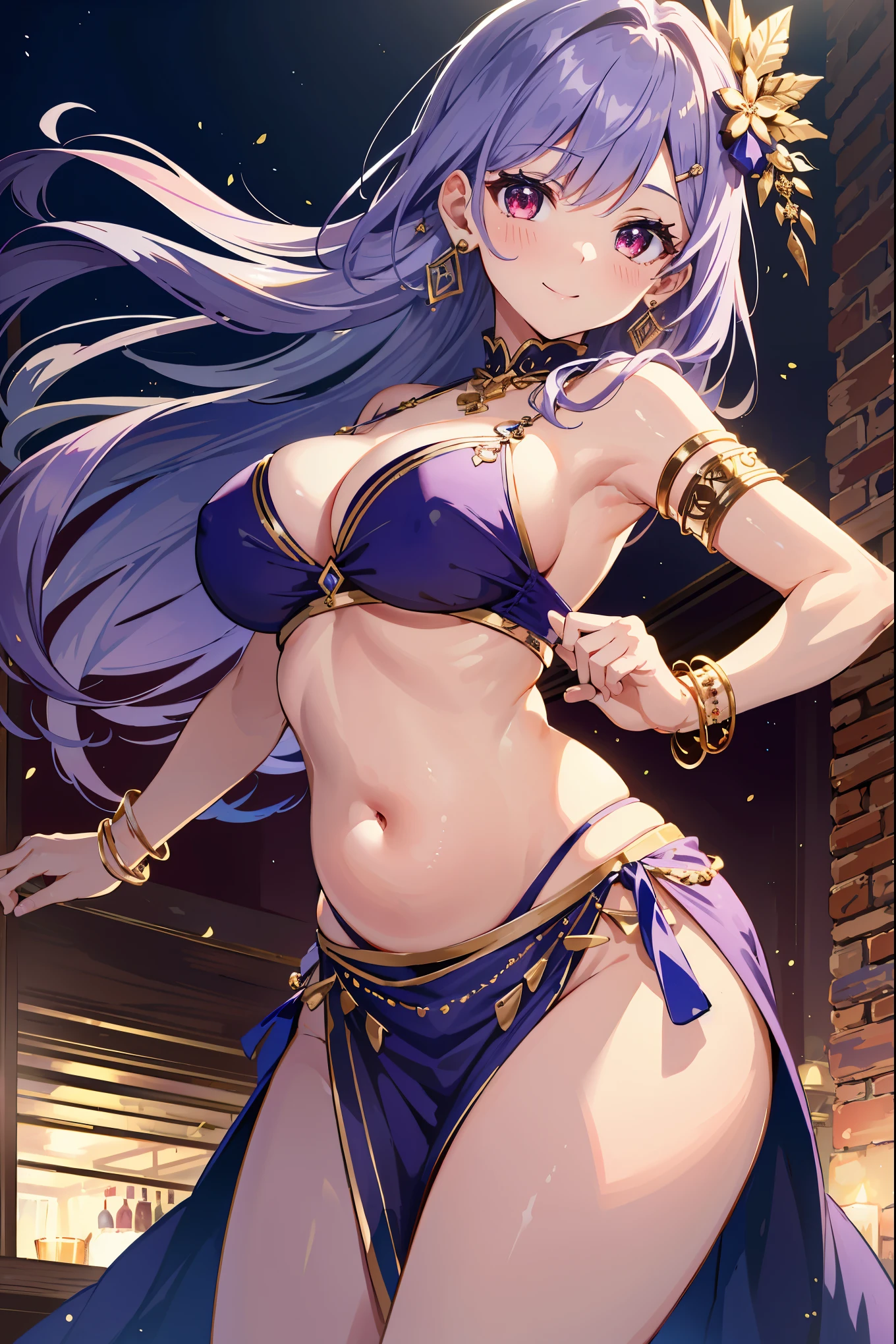 high quality, ultra detailed, best quality, insanely detailed, beautiful, masterpiece, 1girl, belly dancer, bar, cowboy shot, red eyes, long hair, light purple hair, harem outfit, bikini, pelvic curtain, purple costume, bare legs, hair ornament, earrings, armlet, bracelet, bashful smile, dancing, large breasts, cleavage, soft stomach