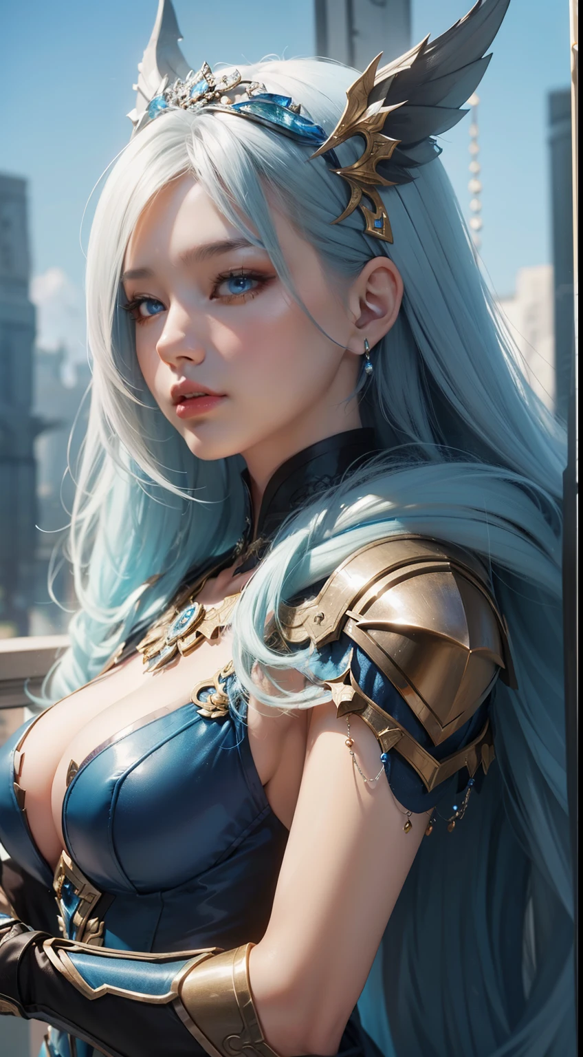 a close up of a woman in a silver and blue dress, chengwei pan on artstation, by Yang J, detailed fantasy art, stunning character art, fanart best artstation, epic exquisite character art, beautiful armor, extremely detailed artgerm, detailed digital anime art, artgerm on artstation pixiv, armor girl