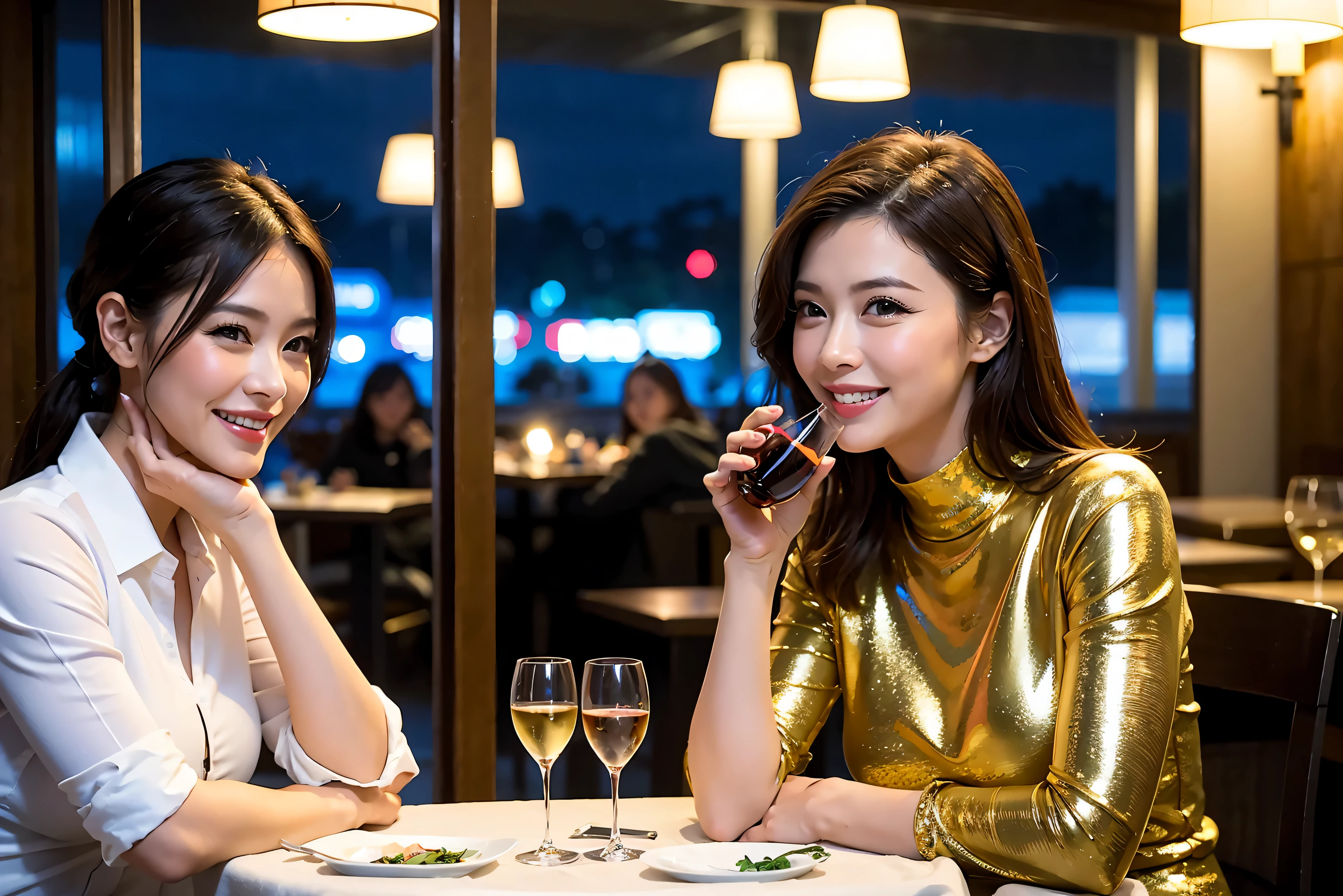 64k, UHD, highest quality, masterpiece: 1.2), (realistic, photorealistic: 1.37), Super detailed, celebration party、beauty、beautiful mature woman、3 women who love wine、three men、Tokyo、Yokohama、champagne、sparkling wine、winter night、restaurantでワイン宴会、(slimな男女4名),(Wine party for 5 people)、(slimフェイス),Happy、 最高なsmile、Fox Face、Berry Short、(because I'thin), (brown hair), (shortcut), long sleeve shirt、winter fashion、Japanese、Dutch、German、Portuguese、Belgian、Italian、french, (gushing), (slimボティ), (brown hair), (shortcut), 端正なbeauty、cheeks blush a little, (34 years old), 38 years old,32 years old、40 years old、 A beautiful and detailed night view spreads out outside the window......., restaurant, wine glassが座っている, At night, in a prominent place (from the Upper body) nova frog style, actress, model, Upper body, White wine, slim, wine glass, Very beautiful night view, wine glass Put in the Middle, Happy smile, (smile: 1.15),