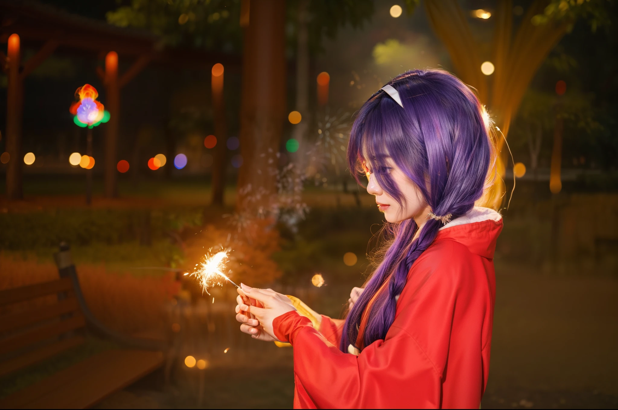 ((Asian girl)), her standing in the park:1.2, there is a woman in a red kimono holding a sparkler, kitsune holding torch, anime girl cosplay, anime cosplay, casting fire spell, fox nobushi, cosplay photo, fire mage, firework, female mage conjuring a spell, fireworks, cosplay, the sorceress casting a fireball, casting a fire spell, fire spell, professional cosplay, 4K, realistic texture, photorealistic:1.6, photo raw:1.66, high-quality, ultra quality:2, super realistic:2, ((real hair:1.633)), ((perfect face)), REAL SKIN:1.62, (purple hair:1.163)
