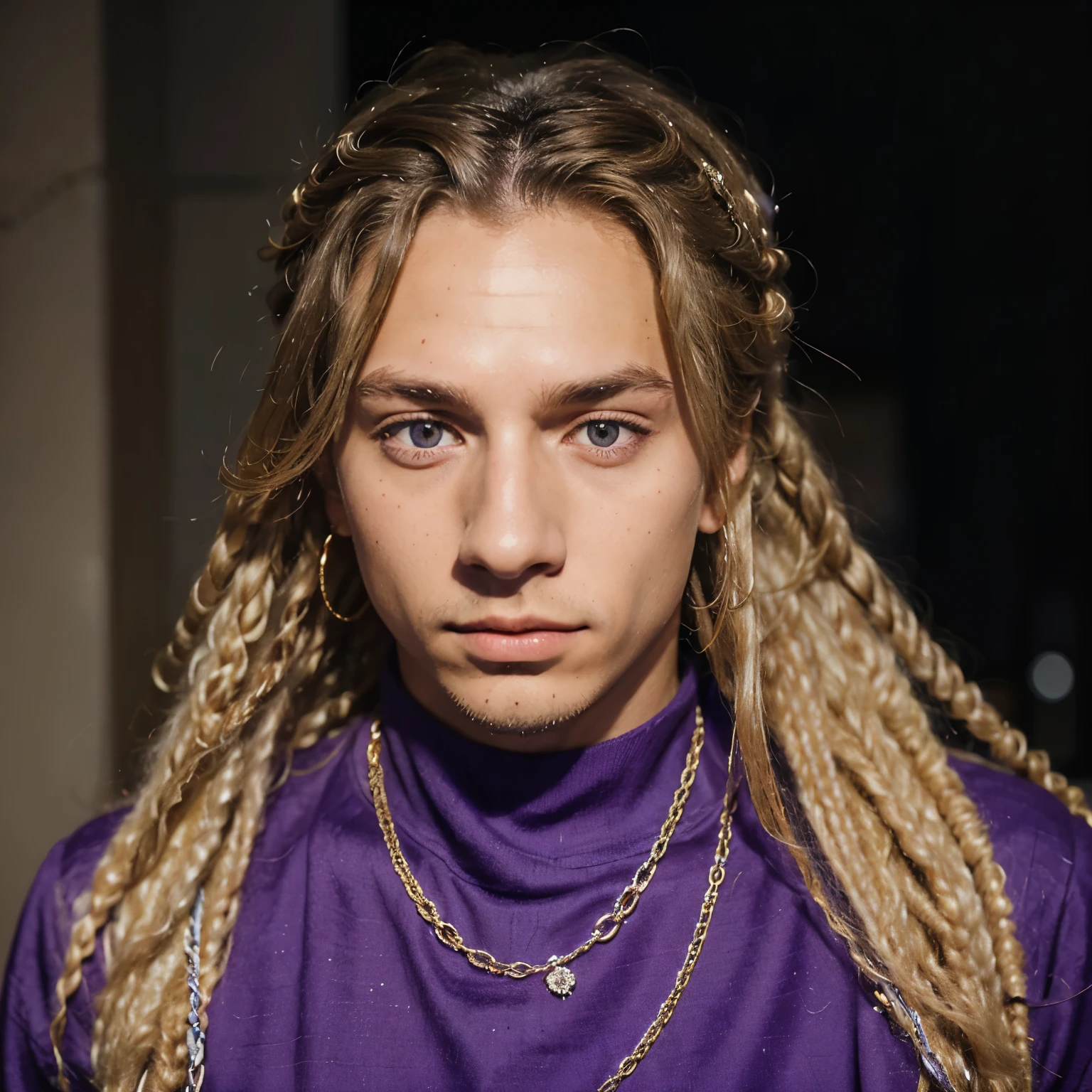 photography of a 20yo man, perfect face, masterpiece,with a diamond JayL chain  , blonde dreads,purple eyes