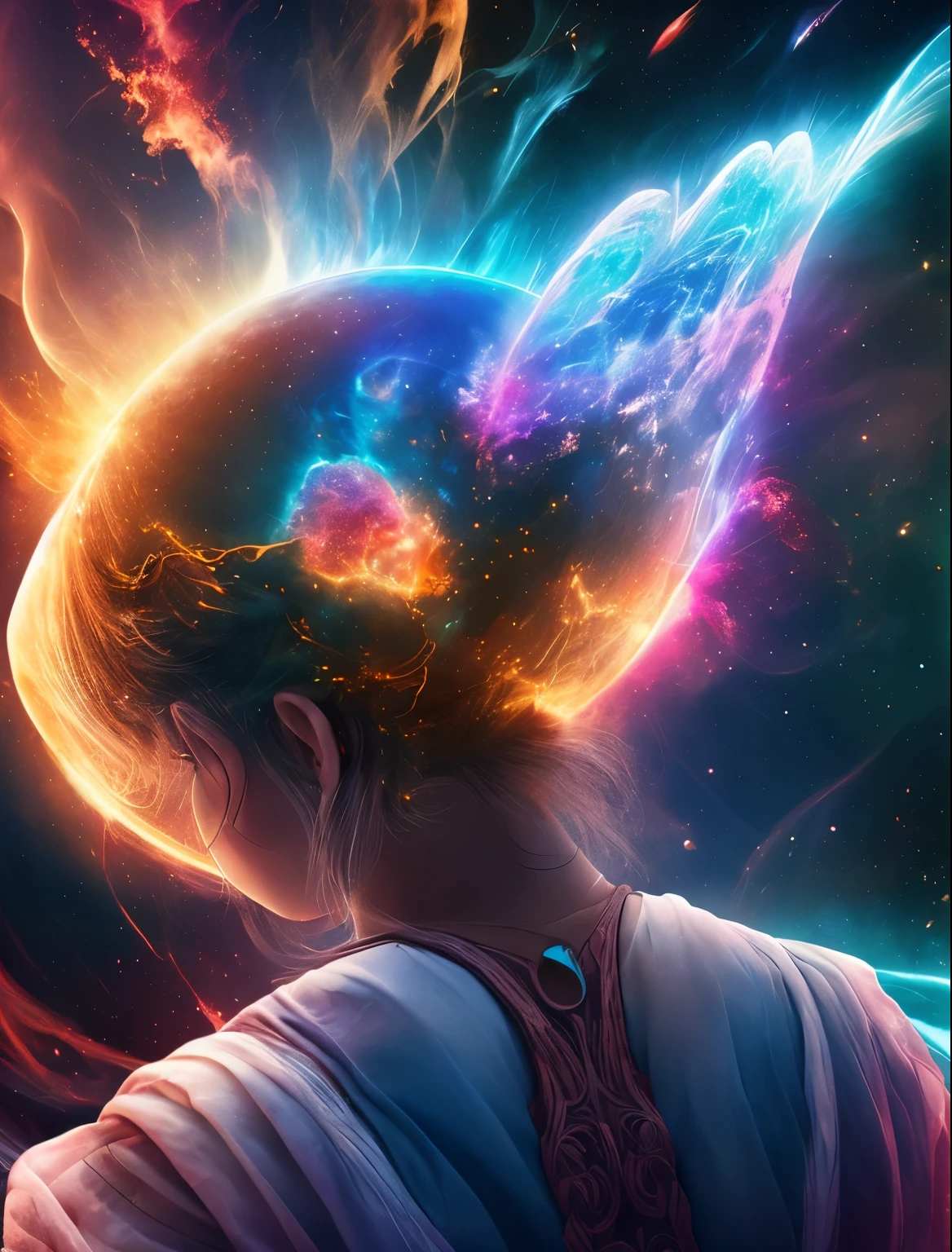 inconceivable and spectacular a scene of emergence of a woman's back from the glowing cloud, fractal nebula threads, cosmic entities, celestial, cosmic, vibrant and vivid, swirls, twirling, unrealistic, high contrast, symobolism, magical, mystical, mystifying, hyperrealistic, oversaturate, colorfully