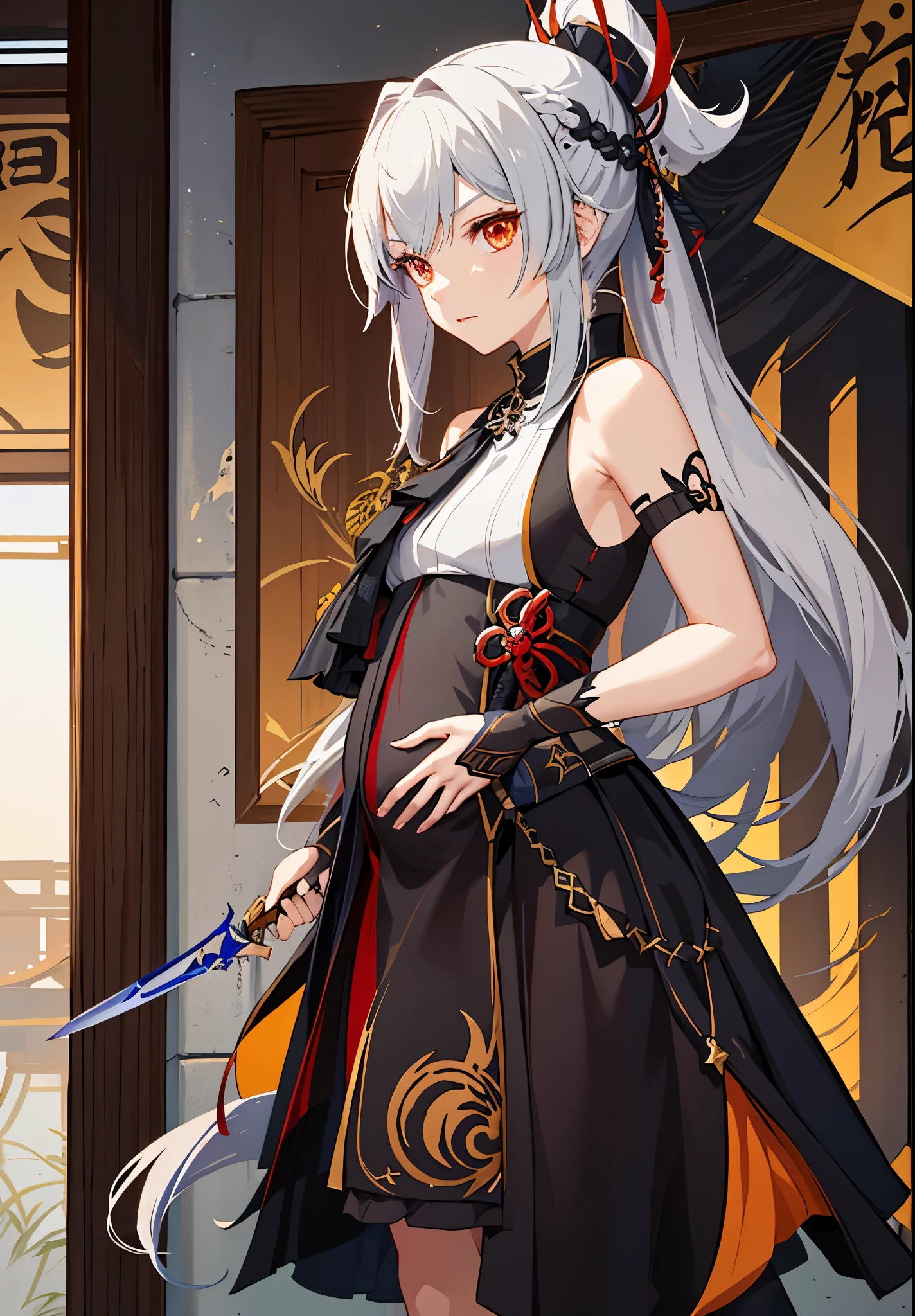 a woman in a dress holding a dagger and a dagger, video game character, from arknights, fox nobushi holding a dagger, hajime yatate, keqing from genshin impact, random haired deity, with small sword, ayaka genshin impact, female action anime girl, official character art, anime character, pregnant anime girl, fetus