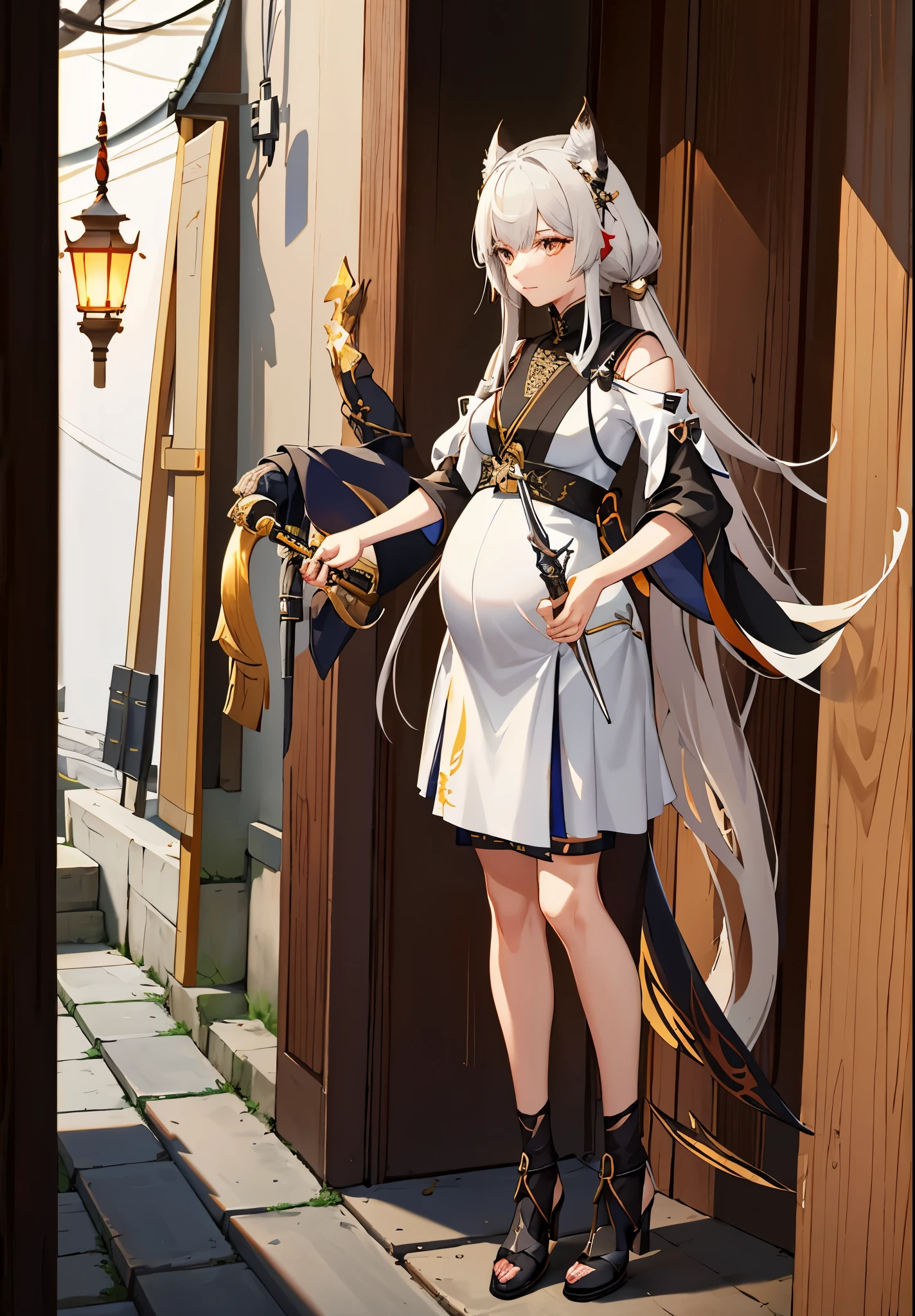 a woman in a dress holding a dagger and a dagger, video game character, from arknights, fox nobushi holding a dagger, hajime yatate, keqing from genshin impact, random haired deity, with small sword, ayaka genshin impact, female action anime girl, official character art, anime character, pregnant anime girl, fetus