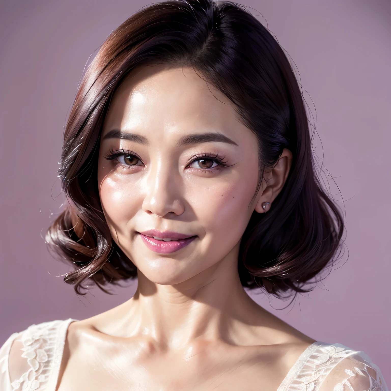 ((highest quality、8K resolution、master masterpiece、professional photography)), Photoreal、(50 year old beautiful mature woman:1.3), (wrinkled face:1.3)、(Classy purple luxury nightgown:1.2)、(close up of face:1.1)、(pure white background:1.1)、wrinkles around the eyes,stand gracefully、(plump and soft body、clavicle)、(The most elegant and beautiful berry long wavy hair:1.1)、(A bewitching smile looking at me:1.2)、perfect makeup、dark red lipstick、(purple eyeshadow:1.1)、long eyelashes、(Ultra high definition shiny white skin:1.1)、Super high-definition sparkling eyes、Ultra high definition mature woman face、ultra high definition hair、Beautiful skin with ultra-high definition gloss and moisture、Ultra high definition perfect teeth、超高精細のwrinkled face、Ultra high definition natural and perfect cheeks