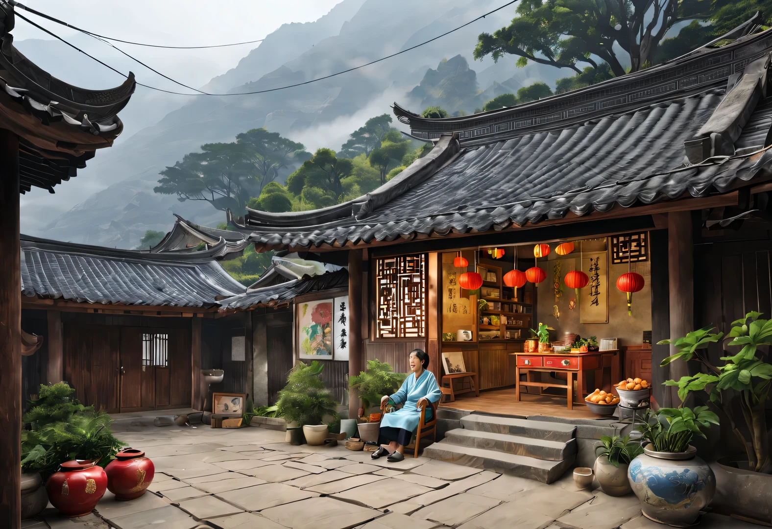 A small courtyard in rural China，There is an old wooden house inside，The cabin is a canteen，There are three words written on the door of the house &Quote;commissary&Quote; It says.，There is an old rocking chair outside the house，a chinese old lady, Wang Yumei, sitting in rocking chair，smiling，There are wooden shelves in the house，It’s stuffed with all kinds of snacks，The background is the mountains of Yunnan，shrouded in mist，aerial photography，illustration，fresh，peaceful，festive atmosphere，