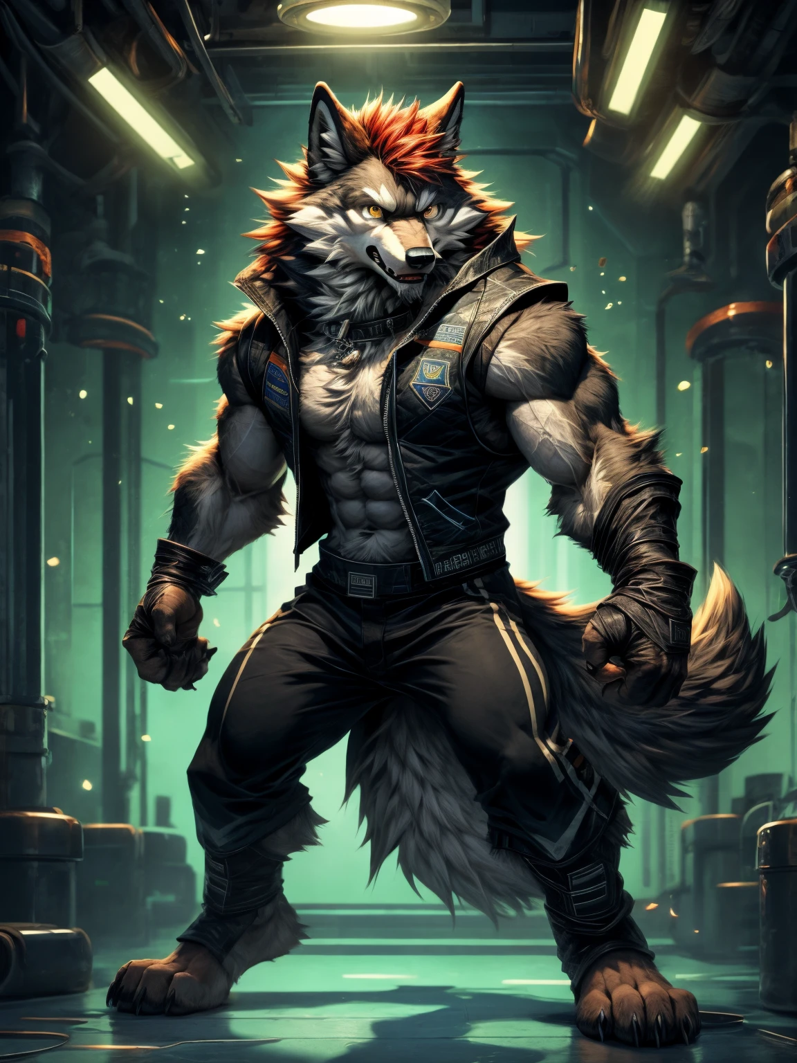 alone, furry, wolf, hairy, Brown wolf, male, golden eyes, wolf ears, long kiss, werewolf, young, juvenile, clear eyes, A beautiful face, long legs, high, perfect anatomy, balance, Japanese cartoons, Scene style, red hair, Red bangs, Open black sleeveless sweatshirt, Open black sleeveless vest, black gloves, Half-fingered gloves, collar, Expose chest muscles, Expose abs, black leggings, mercenary, indoor, future science fiction, laboratory, 背景是闪着green light的培养皿, dim, green light, liquid, chain, chain, Handsome, stand, fighting stance, toe claws, a tail, 4 toes, 4 fingers, 8k, nj5hairy, (light particles),(best quality),(masterpiece),(Super detailed), high光, shadow