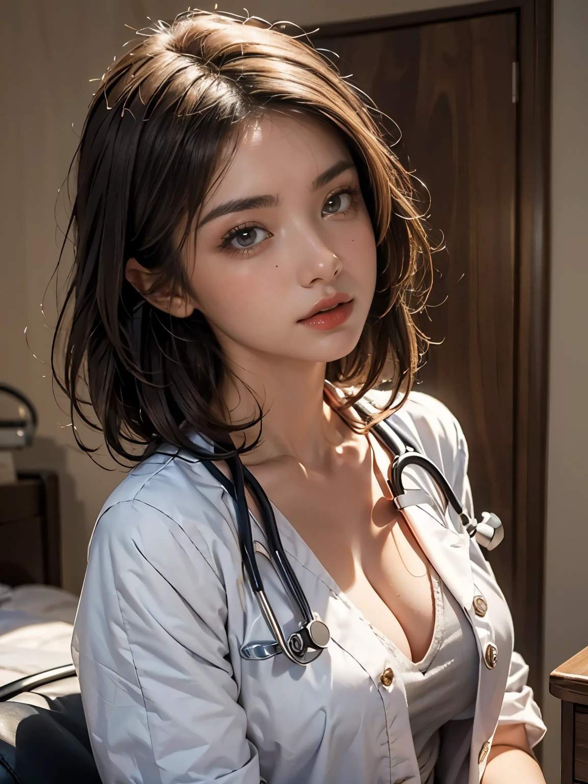 (((HD photo))), ultra high res.photorealistic:. 1.4, UHD, masterpiece, trending on artstation, portrait, closeup of face and cleavage, 1girl, pretty, cute face, most beautiful in the world, soft, delicate, (medium red hair), perfect figure, (wearing white doctor uniform:1.2), stethoscope:1.4, medical fetish, examination, sunkissed, hospital ward background, sfw