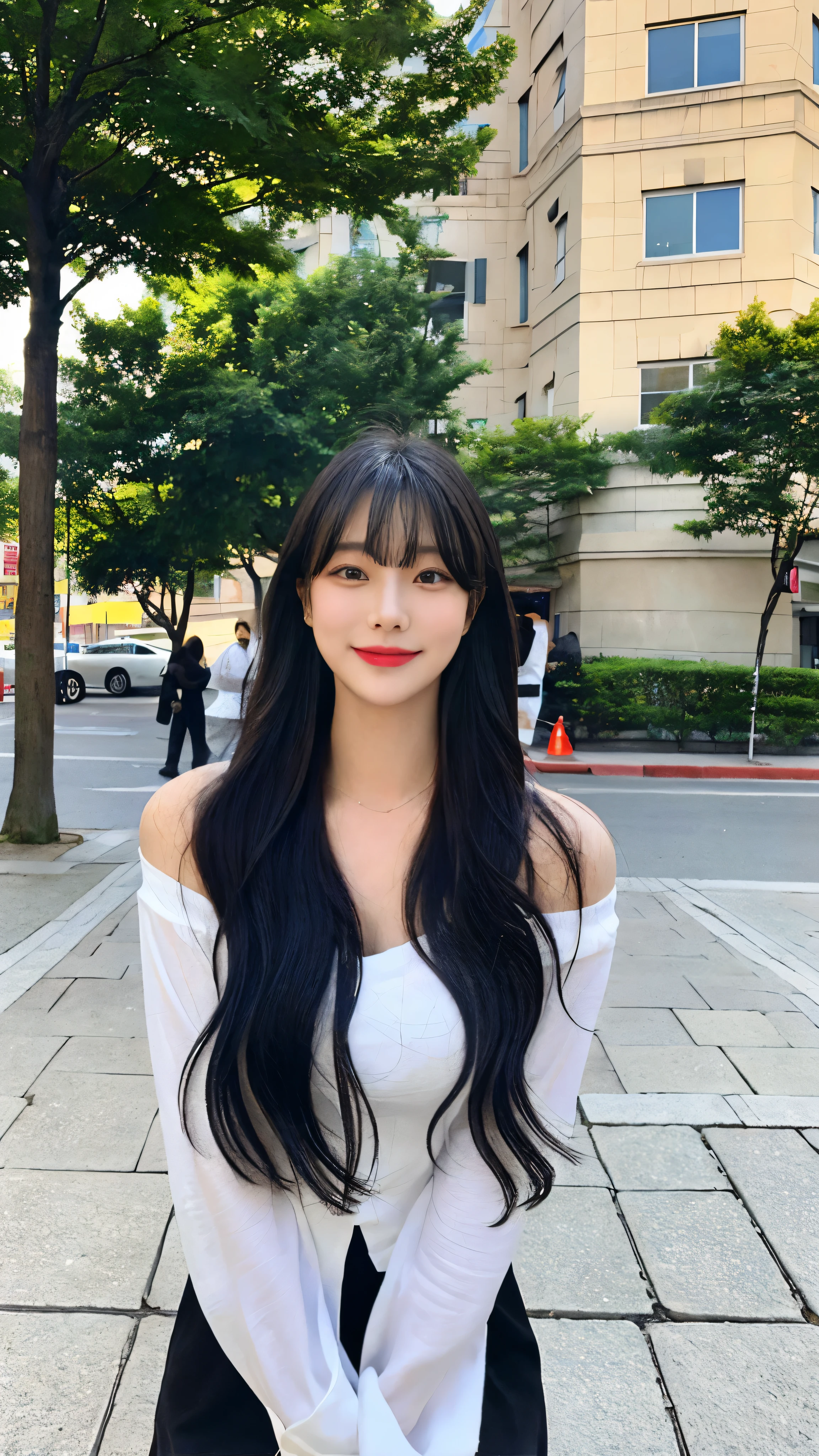 (8 thousand、top quality、masterpiece:1.2)、(realistic、realistic:1.9)、(laugh:0.2)、medium chest、beautiful and delicate eyes、full body sbian、(alone:1.8)、(look at the audience:1.3)、hair on wet hair、Smiling on a quiet street in the park、shoulder height short hair、The tip of the hair touches the shoulder and then bounces up in a U shape....、Loose curly hair,、light bangs、I have bangs、Beautiful black haired woman in her 20s。no man&#39;so cute.、There is a sophisticated atmosphere。walking on the white sidewalk,、He looked around gracefully.........、Unlike the busy atmosphere of the city、、、、、、Radiates quiet beauty。그녀의 laugh는 주변 사람들에게도 있다々that&#39;representation々continuation々This is、々This is、々This is、々Gives you a happy feeling,  Korean Background