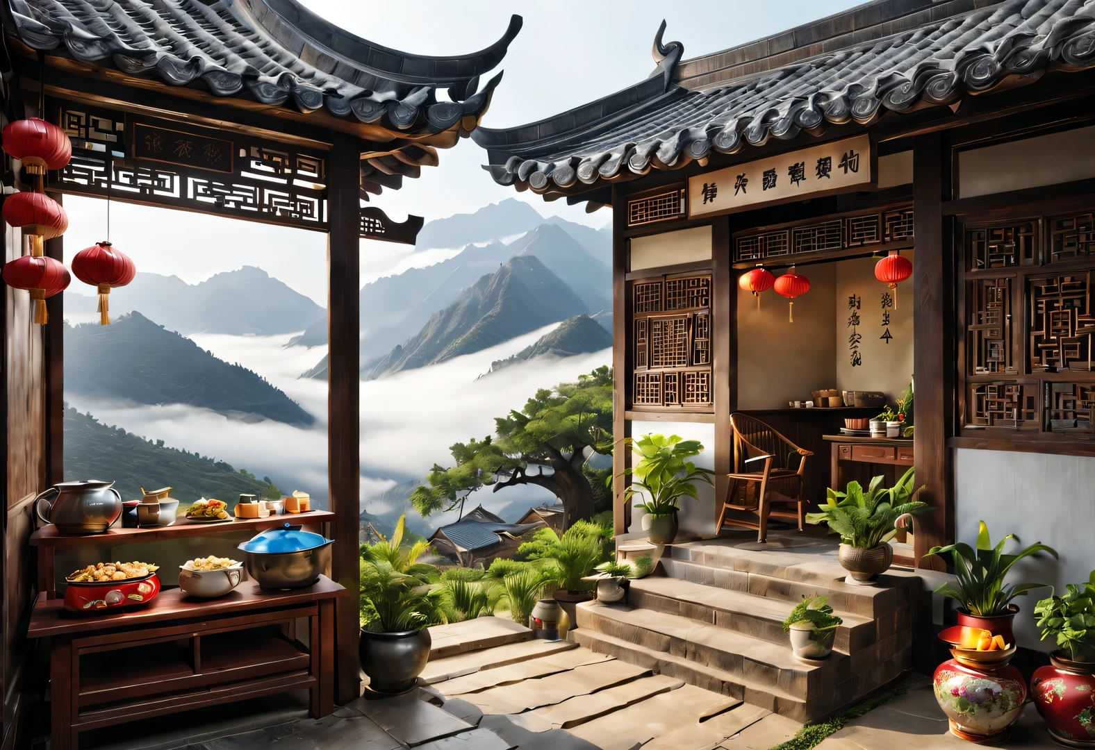 A small courtyard in rural China，There is an old wooden house inside，The cabin is a canteen，There are three words written on the door of the house &Quote;commissary&Quote; It says.，There is an old rocking chair outside the house，a chinese old lady, Wang Yumei, sitting in rocking chair，smiling，There are wooden shelves in the house，It’s stuffed with all kinds of snacks，The background is the mountains of Yunnan，shrouded in mist，aerial photography，illustration，fresh，peaceful，festive atmosphere，