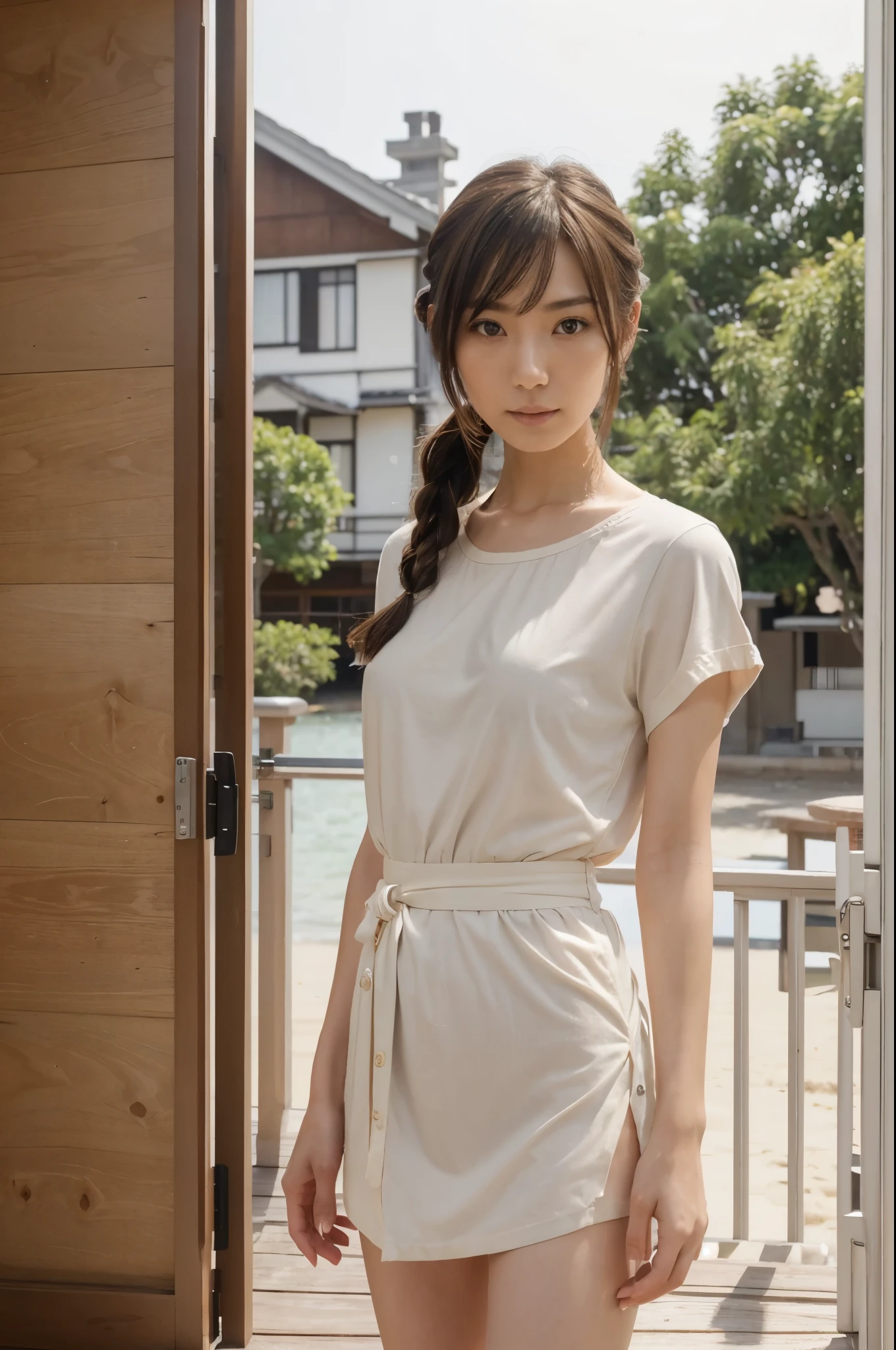 A photo of a beautiful girl, In one room, underdressing, Ruisan, Filer, 夏天, filechod, Beige dress，Chievo Bruns wearing black glasses, long_Shevo, Symmetrical face, フォトリアリスティック, photography of, photography of, natural  lightting, Magnificent, Chopping, occidental, ((tmasterpiece)), Best quality at best, A high resolution, The  very detailed, Lighting for rough pores