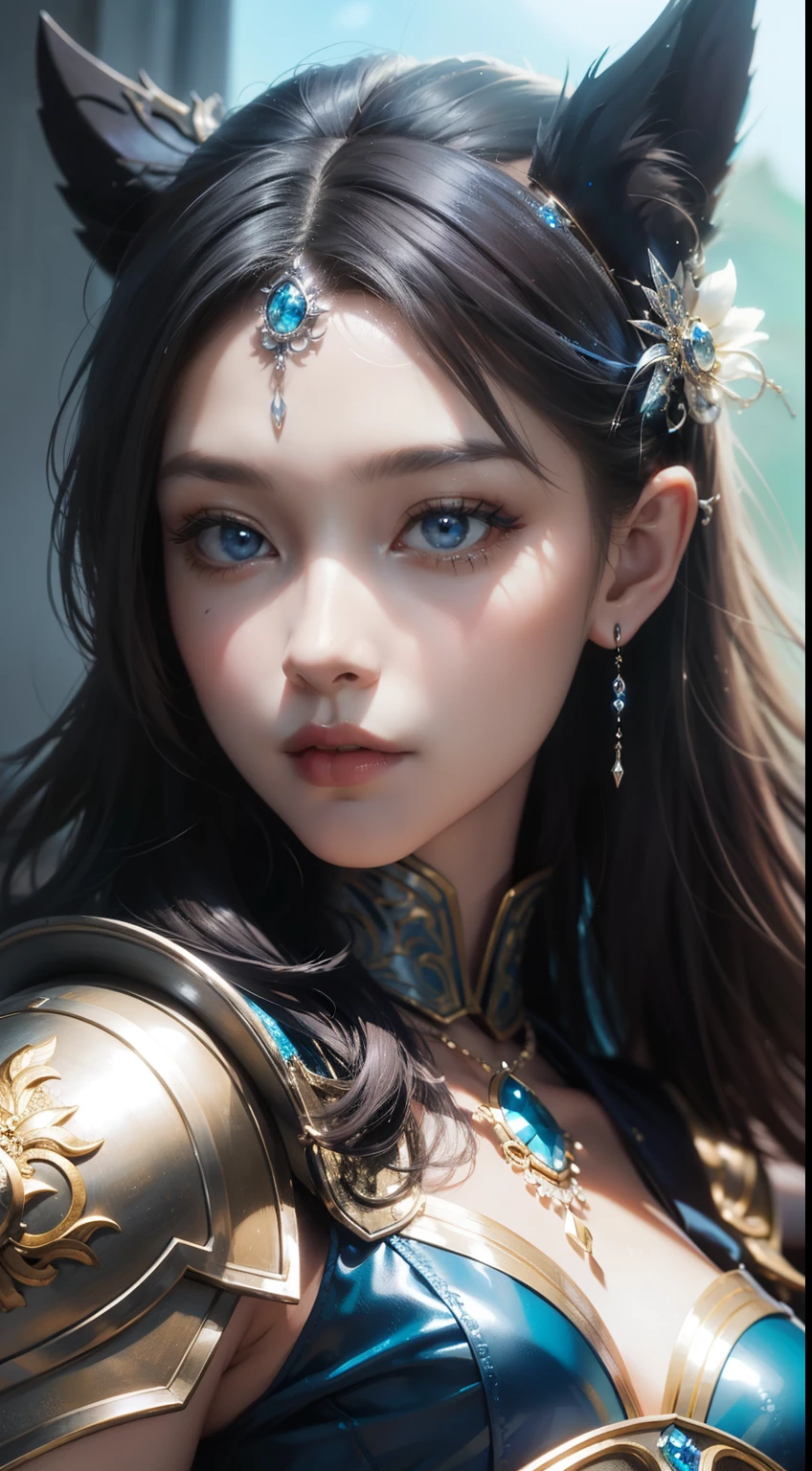 a close up of a woman in a silver and blue dress, chengwei pan on artstation, by Yang J, detailed fantasy art, stunning character art, fanart best artstation, epic exquisite character art, beautiful armor, extremely detailed artgerm, detailed digital anime art, artgerm on artstation pixiv, armor girl