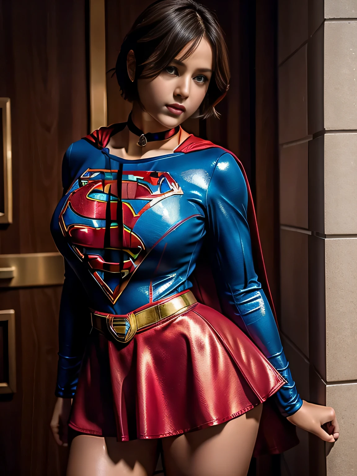 masterpiece、Shorthair Supergirl、big and full breasts、look at the camera、shiny costume、choker、red mini skirt、long sleeve、Magazine cover style、obscene pose、Seduce