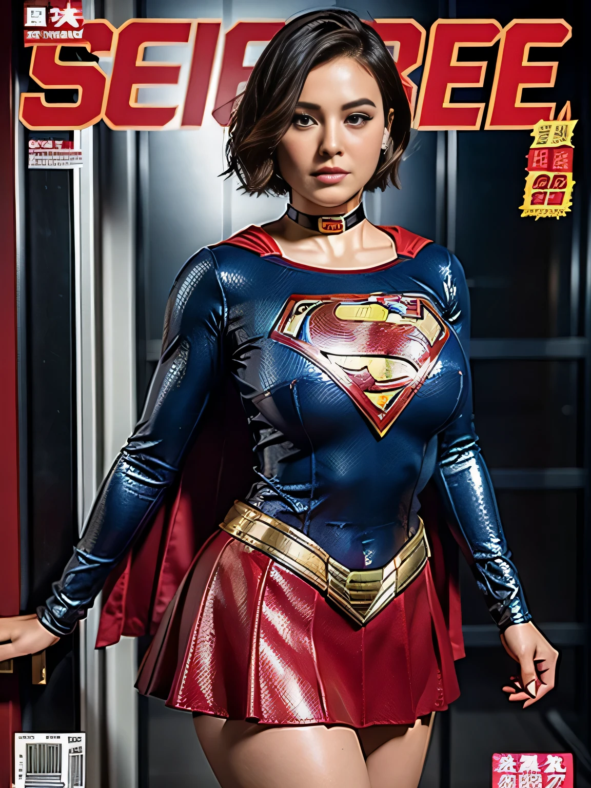 masterpiece、Shorthair Supergirl、big and full breasts、look at the camera、shiny costume、choker、red mini skirt、long sleeve、Magazine cover style、obscene pose、Seduce