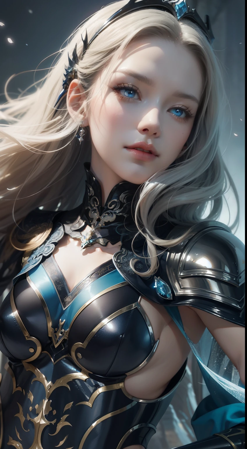 a close up of a woman in a silver and blue dress, chengwei pan on artstation, by Yang J, detailed fantasy art, stunning character art, fanart best artstation, epic exquisite character art, beautiful armor, extremely detailed artgerm, detailed digital anime art, artgerm on artstation pixiv, armor girl