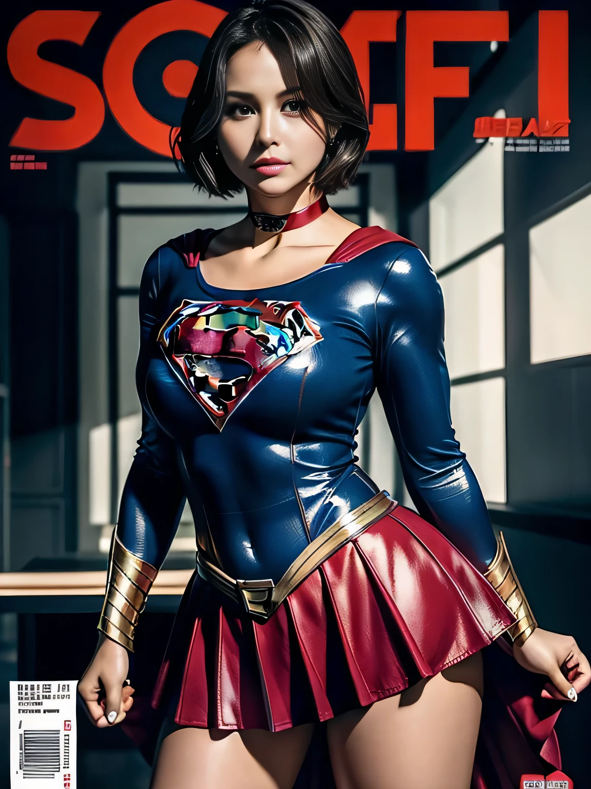 masterpiece、Shorthair Supergirl、big and full breasts、look at the camera、shiny costume、choker、red mini skirt、long sleeve、Magazine cover style、obscene pose、Seduce