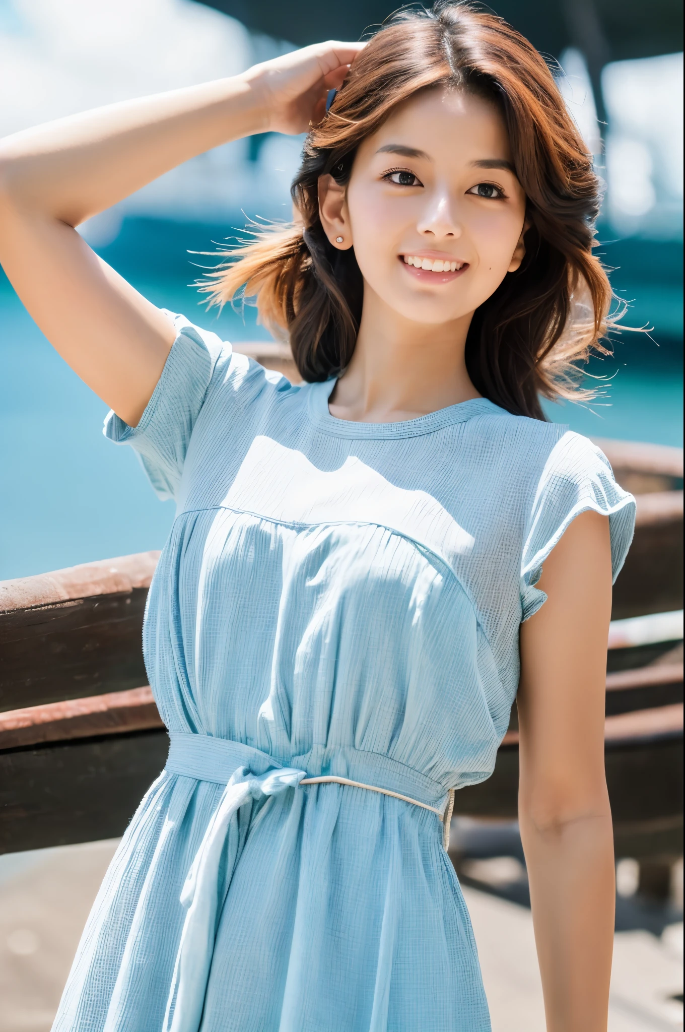 (8k, highest quality, masterpiece: 1.2), (hair_style), (realistic, photorealistic: 1.37), Skinny Japanese lady, 30 years old, plump eyes, highest quality, masterpiece, in the summer sunshine, sky and sea view, shot on wooden deck, [small breasts], backlight, shooting from the waist up, camera angle from bottom to top, pose with hair raked up with hands, shot in natural light from morning to noon, Hairstyles and fashion styles that match the Japan trends of 2023, realistic, super detailed, actress, Japanese model, elaborate CG, slender, adorable, hairstyle matches the fashion of Japan in 2023 layer cut that flutters in the wind, delicate skin type, fine details and softness, model hair color is bright and soft, Choose a short-length T-shirt that matches the summer trends of 2023 and pair it with pale pastel colors for surf fashion.