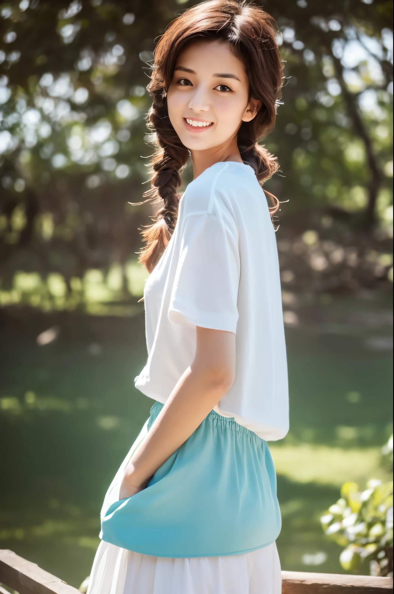 (8k, highest quality, masterpiece: 1.2), (hair_style), (realistic, photorealistic: 1.37), Skinny Japanese lady, 30 years old, plump eyes, highest quality, masterpiece, in the summer sunshine, sky and sea view, shot on wooden deck, [small breasts], backlight, shooting from the waist up, camera angle from bottom to top, pose with hair raked up with hands, shot in natural light from morning to noon, Hairstyles and fashion styles that match the Japan trends of 2023, realistic, super detailed, actress, Japanese model, elaborate CG, slender, adorable, hairstyle matches the fashion of Japan in 2023 layer cut that flutters in the wind, delicate skin type, fine details and softness, model hair color is bright and soft, Choose a short-length T-shirt that matches the summer trends of 2023 and pair it with pale pastel colors for surf fashion.