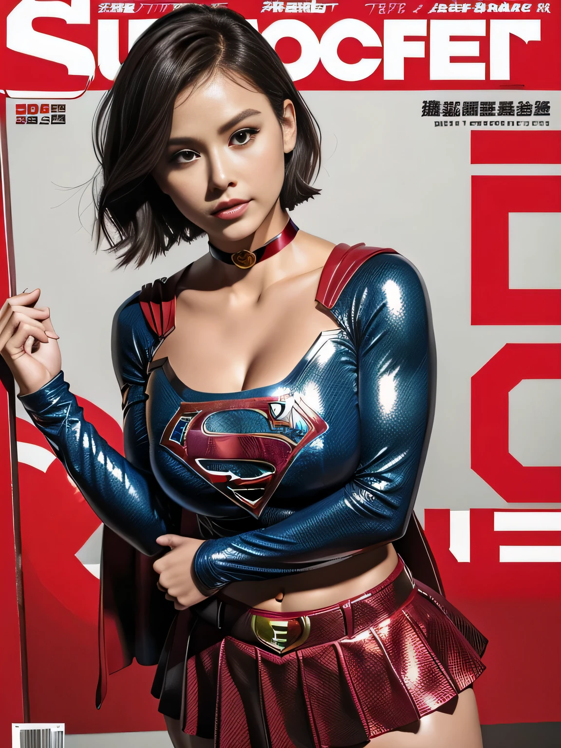 masterpiece、Shorthair Supergirl、big and full breasts、look at the camera、shiny costume、choker、red mini skirt、long sleeve、Magazine cover style、obscene pose、Seduce