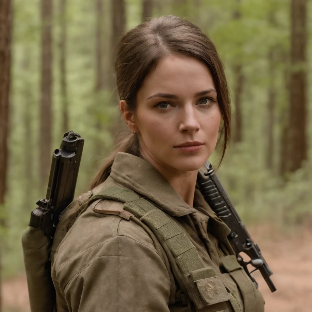 american female soldier，Just wearing a new military uniform.，Carrying an AA12 shotgun，Zombie Doom，There was still blood on his clothes.。Hair flowing like a forest, tiger tattoo on arm, BigBreasts, complicated details, 8k resolution（Referring to Death Valley 2，Corporal Garcia）